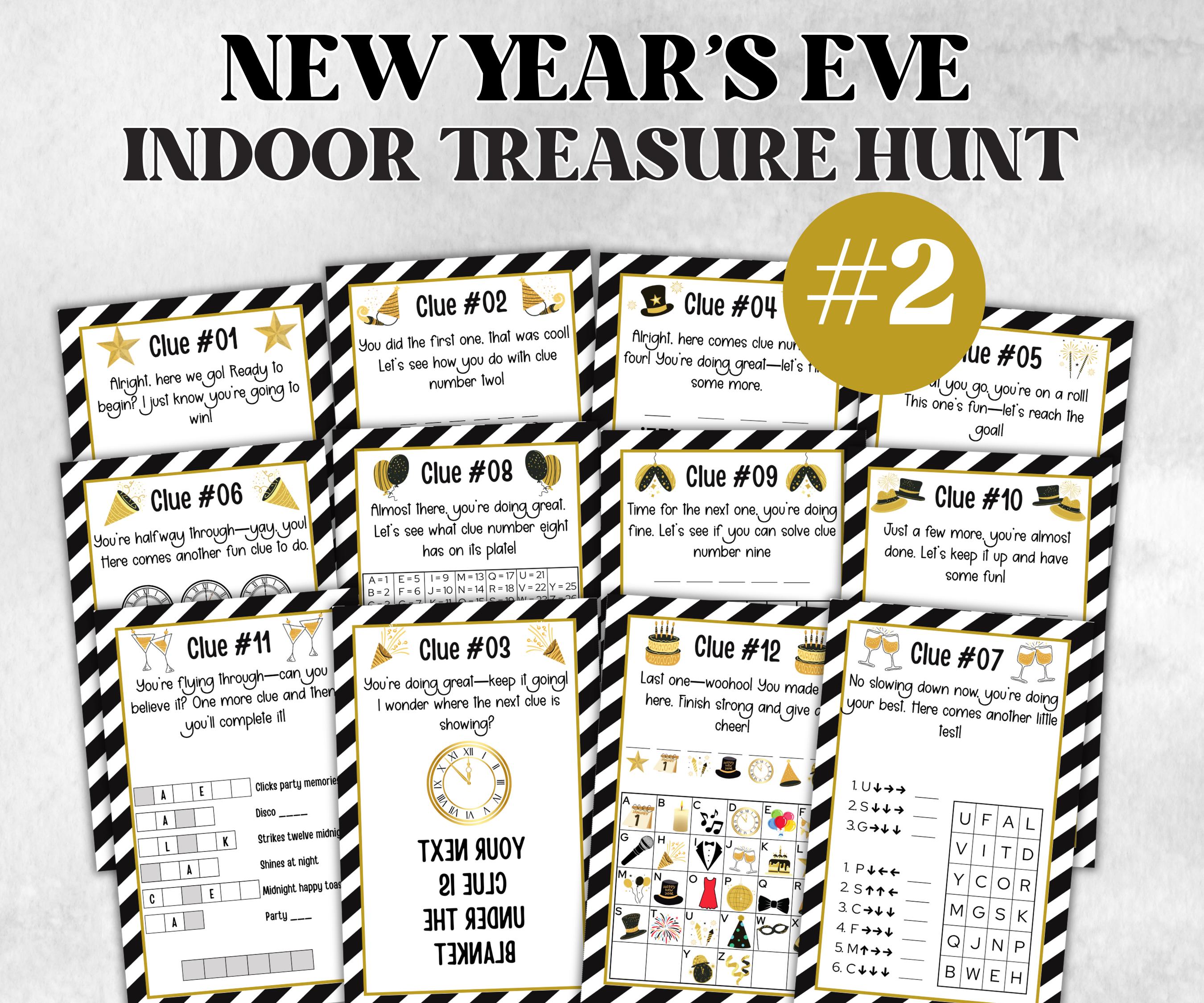 Indoor Treasure Hunt Kids, New Years Eve, Printable New Year Party Games, New Year Activity, New Year Scavenger, Nye Treasure Hunt Clues-New Year's -TheHustlingCatLady-Party Games