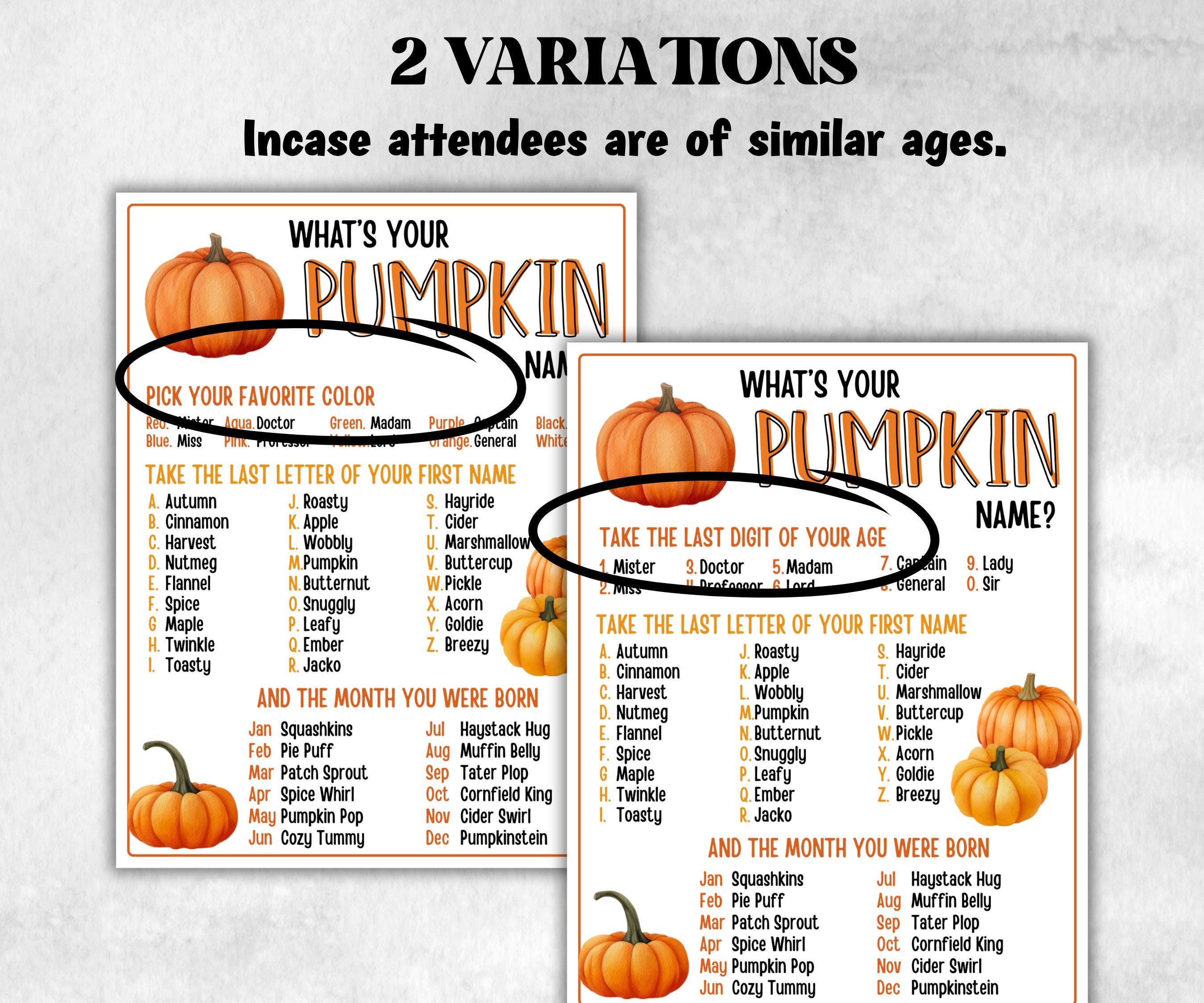 Whats Your Pumpkin Name Game, Kids Thanksgiving theme party, Pumpkin fall festival Birthday Party, Pumpkin Party Game, Pumpkin name card-Thanksgiving -TheHustlingCatLady-Party Games