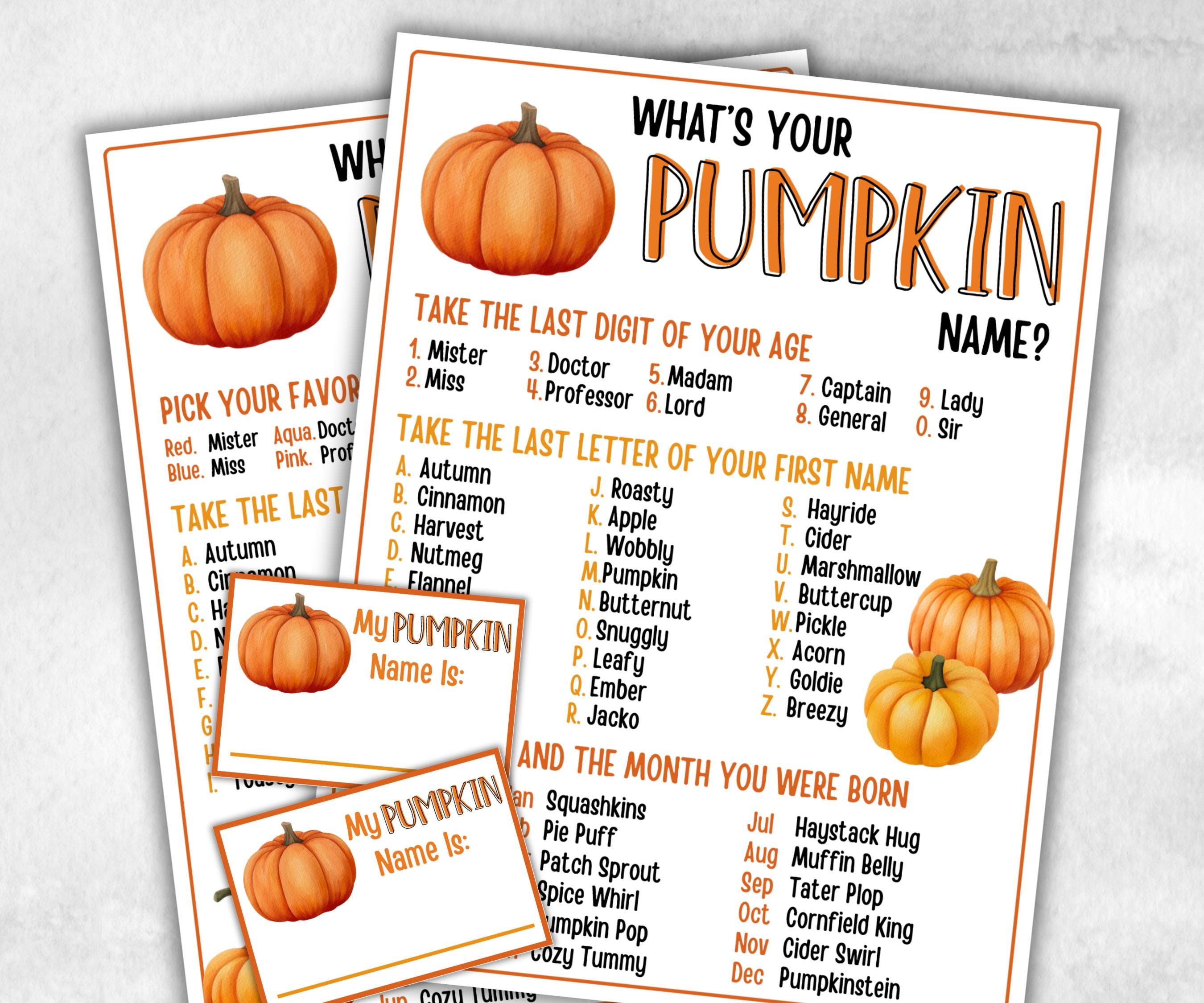 Whats Your Pumpkin Name Game, Kids Thanksgiving theme party, Pumpkin fall festival Birthday Party, Pumpkin Party Game, Pumpkin name card-Thanksgiving -TheHustlingCatLady-Party Games