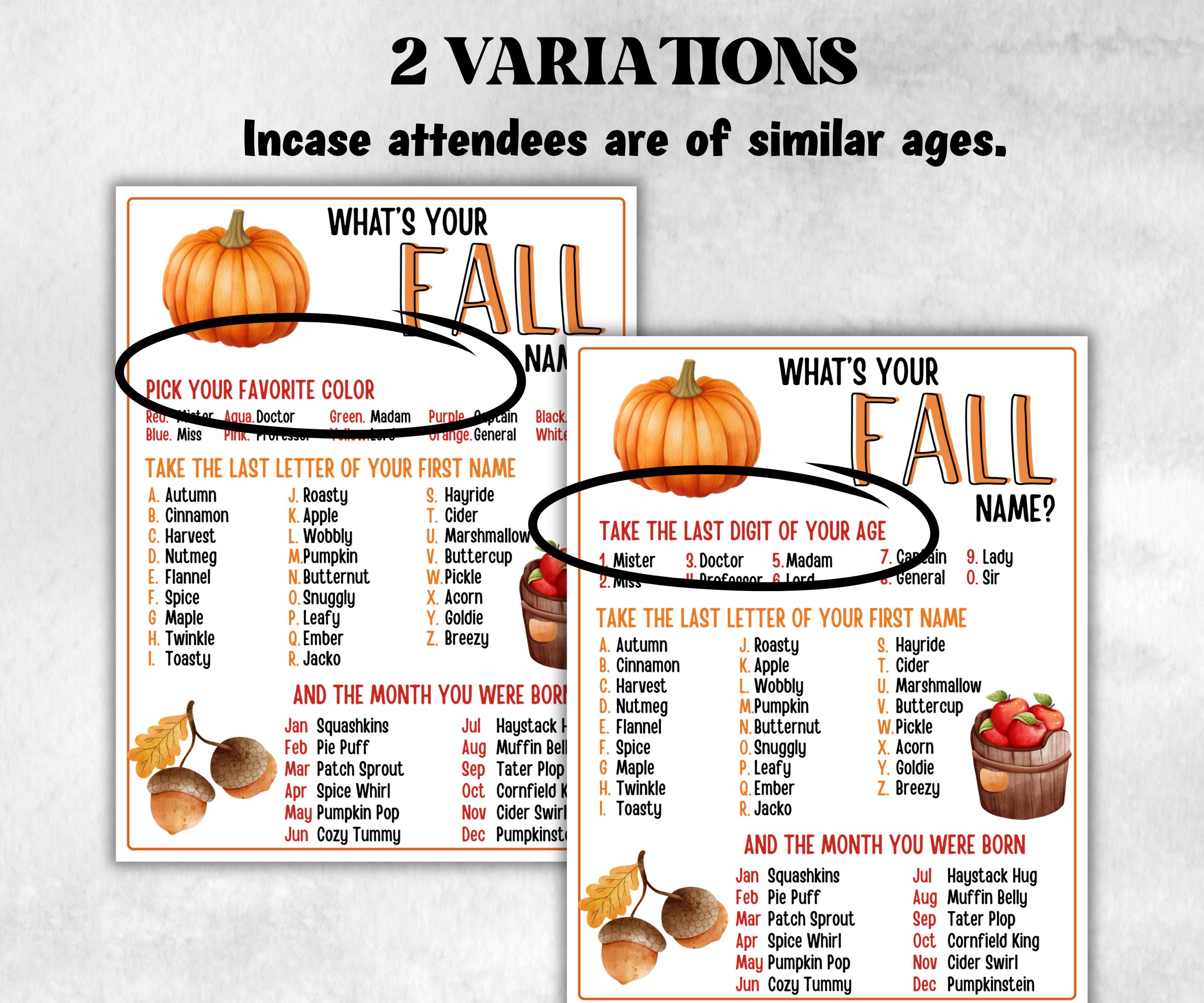Whats Your Fall Name Game, Kids Thanksgiving theme party, Pumpkin fall festival Birthday Party, Fall Party Game, Fall name card, Give thanks-Thanksgiving -TheHustlingCatLady-Party Games