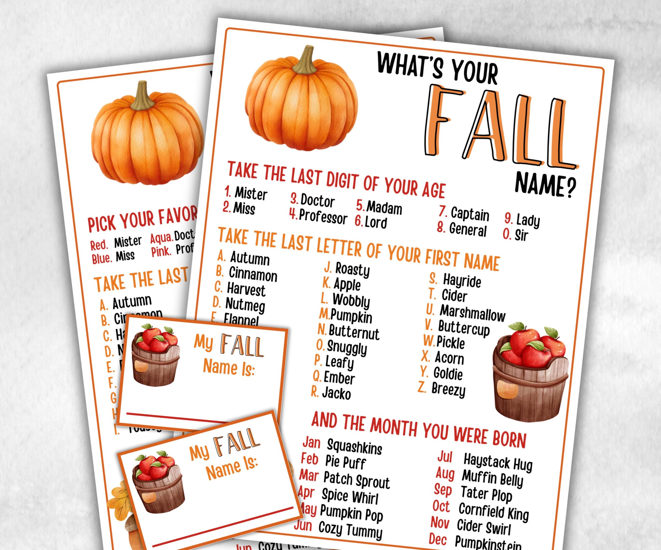 Whats Your Fall Name Game, Kids Thanksgiving theme party, Pumpkin fall festival Birthday Party, Fall Party Game, Fall name card, Give thanks-Thanksgiving -TheHustlingCatLady-Party Games