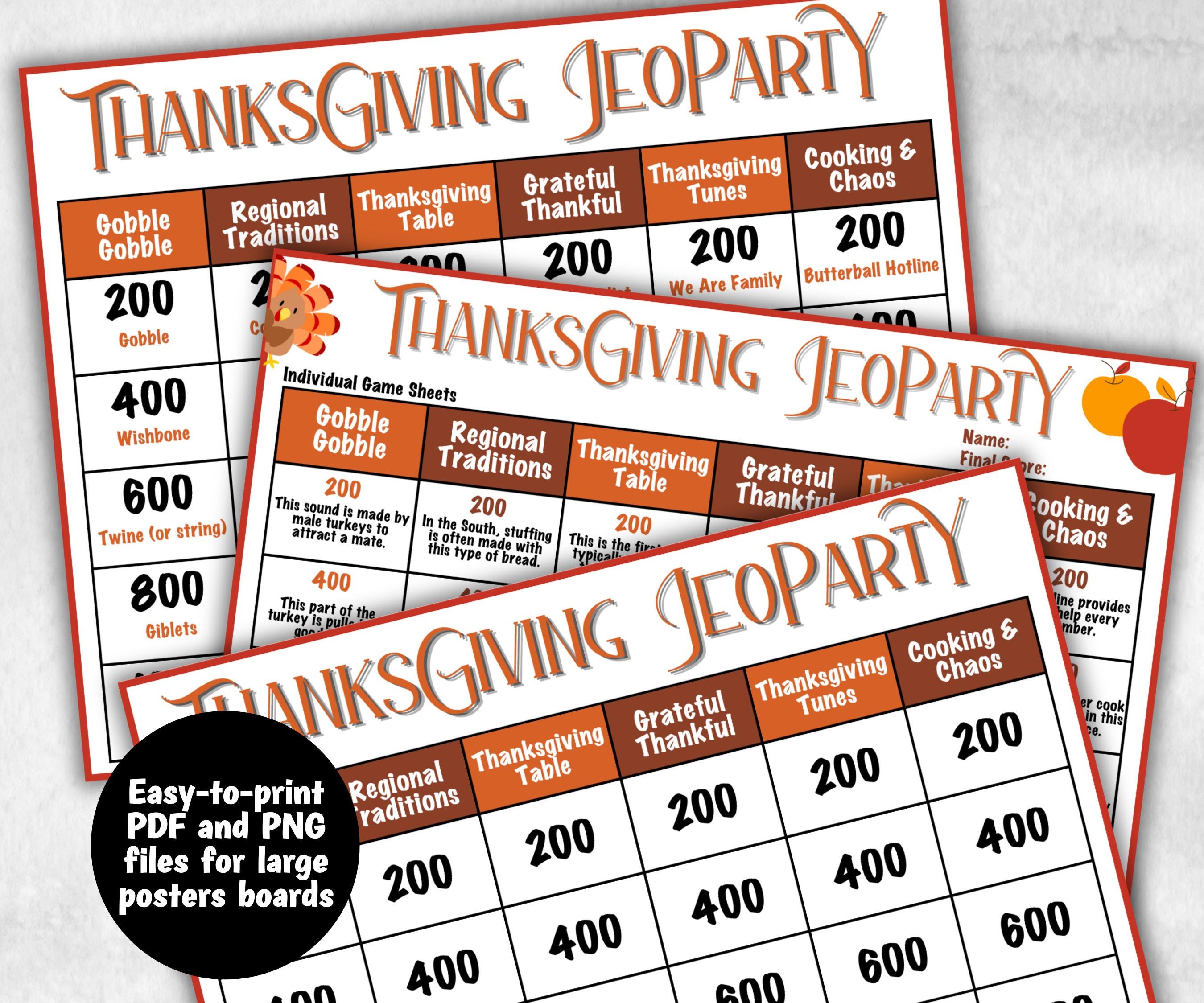 Thanksgiving Jeopardy, Trivia Party, Printable Adult & Teen Activity, Thanksgiving Quiz, Group Game Show, Fall Party activity, Family Feud-Thanksgiving -TheHustlingCatLady-Party Games