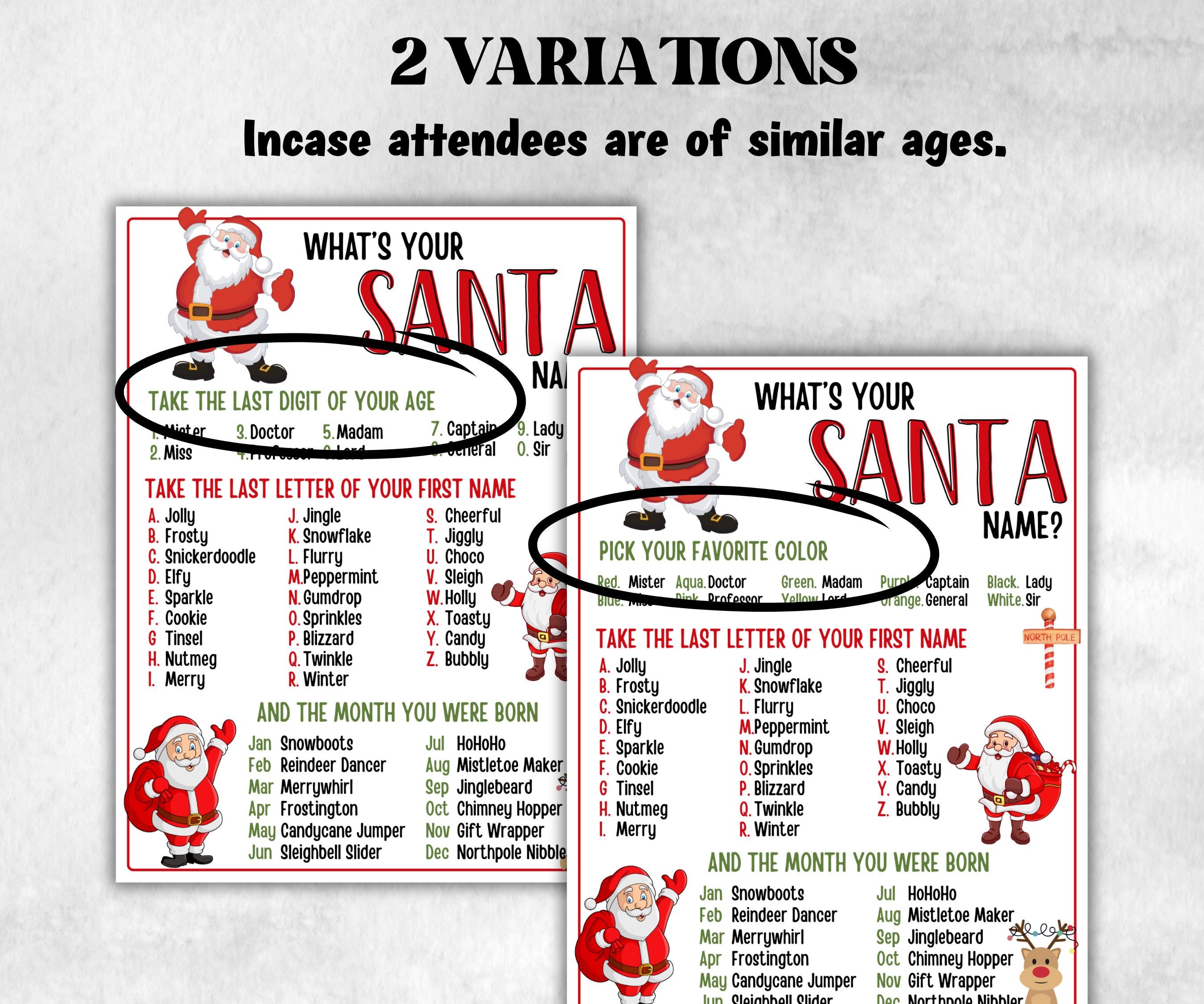 Santa name tag game, Santa name board sign, Santa name generator, Christmas Kids activities, Holiday party games, What's Your Santa name-Christmas -TheHustlingCatLady-Stickers, Labels & Tags