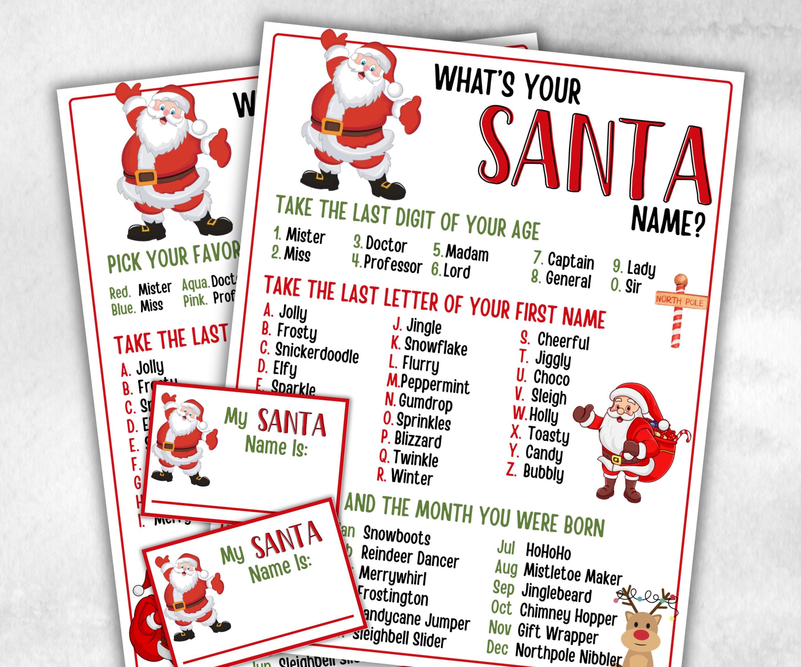 Santa name tag game, Santa name board sign, Santa name generator, Christmas Kids activities, Holiday party games, What's Your Santa name-Christmas -TheHustlingCatLady-Stickers, Labels & Tags