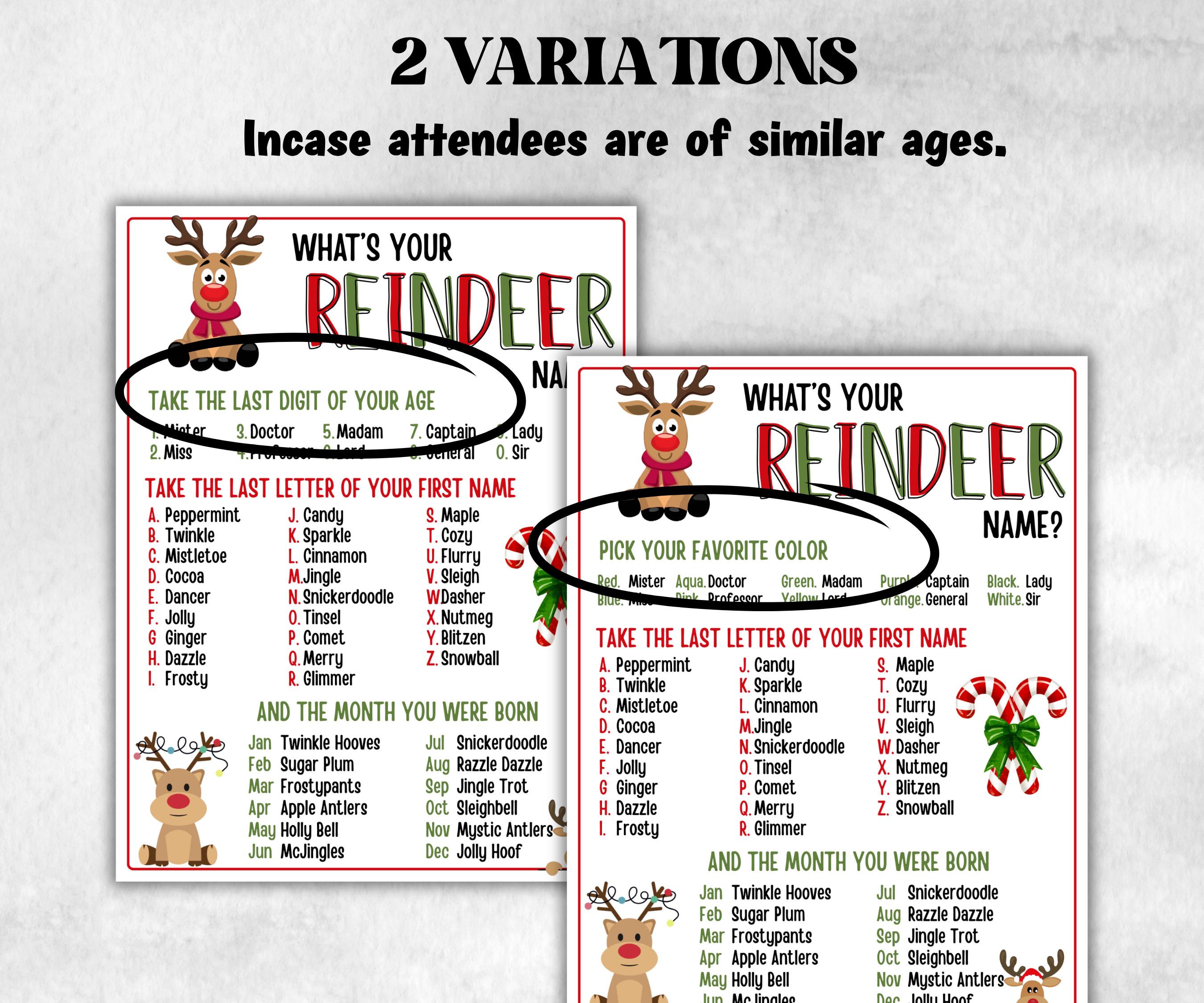 Reindeer name tag game, Reindeer name board sign, name generator, Christmas Kids activities, Holiday party games, What's Your Reindeer name-Christmas -TheHustlingCatLady-Stickers, Labels & Tags
