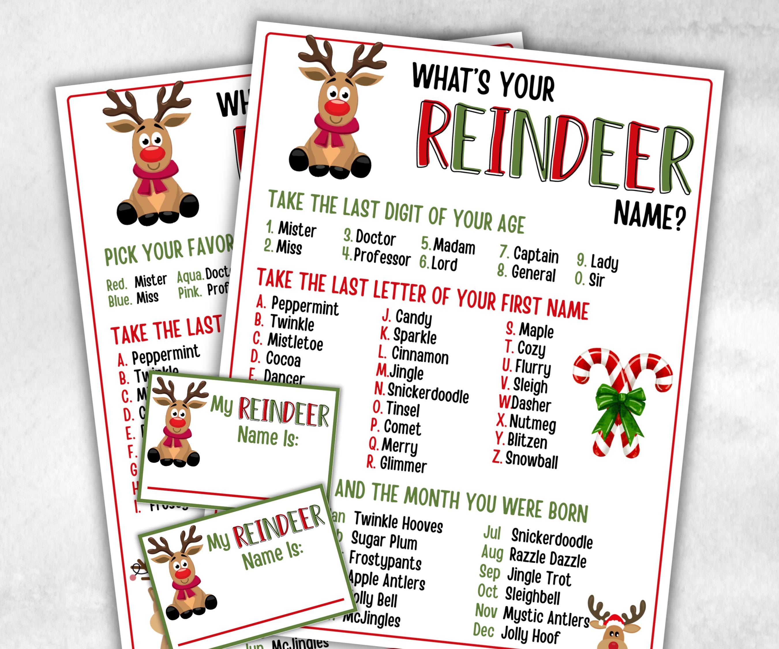 Reindeer name tag game, Reindeer name board sign, name generator, Christmas Kids activities, Holiday party games, What's Your Reindeer name-Christmas -TheHustlingCatLady-Stickers, Labels & Tags