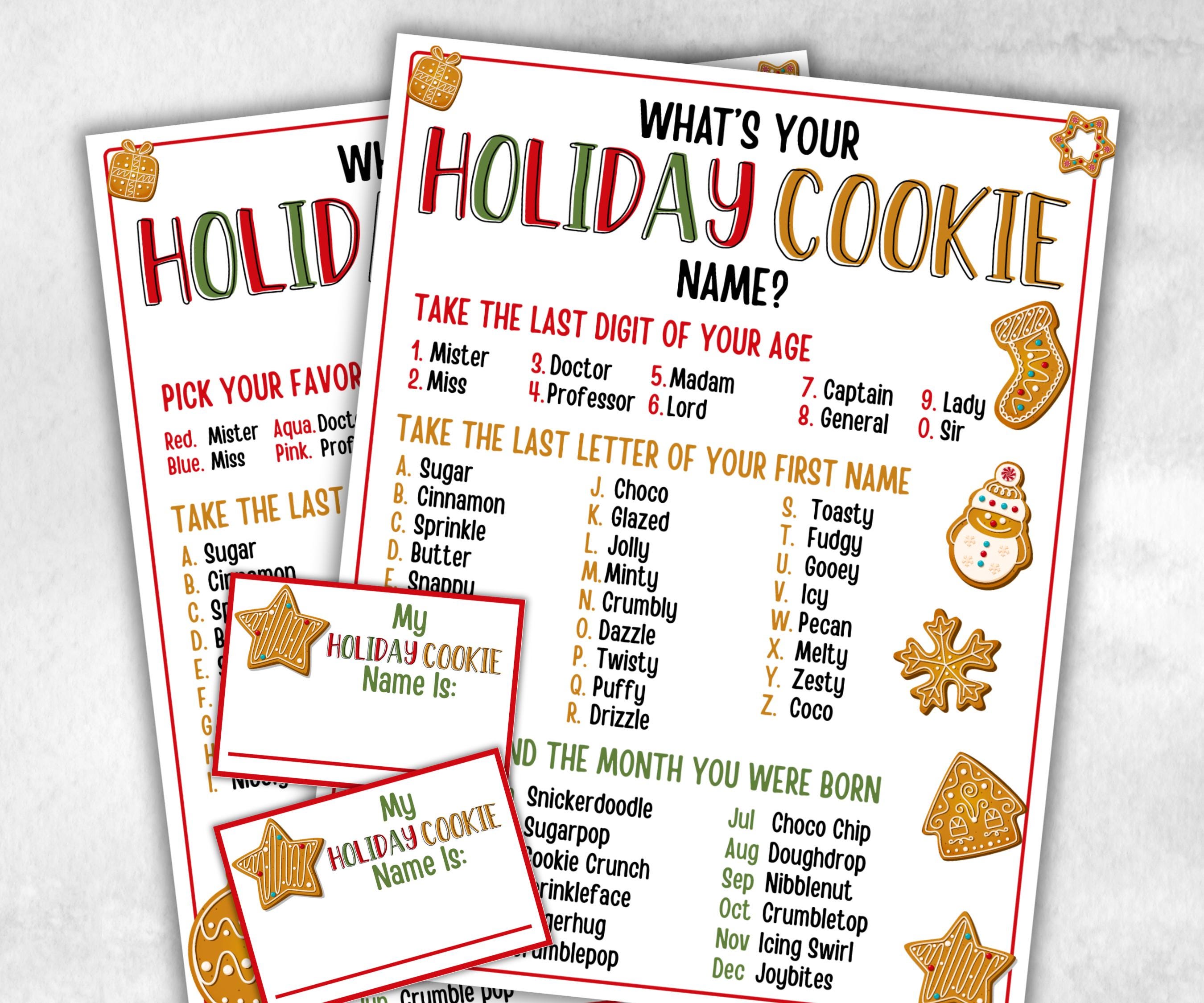 Holiday Cookie name tag game, Cookie name board sign, Name generator, Christmas Kids activities, Holiday party game, What's Your Cookie name-Christmas -TheHustlingCatLady-Stickers, Labels & Tags