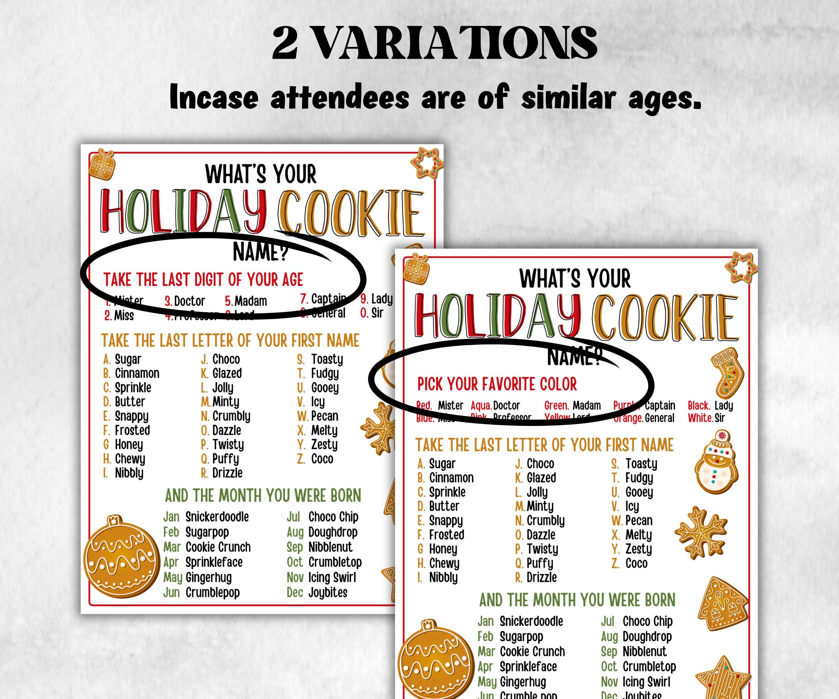 Holiday Cookie name tag game, Cookie name board sign, Name generator, Christmas Kids activities, Holiday party game, What's Your Cookie name-Christmas -TheHustlingCatLady-Stickers, Labels & Tags