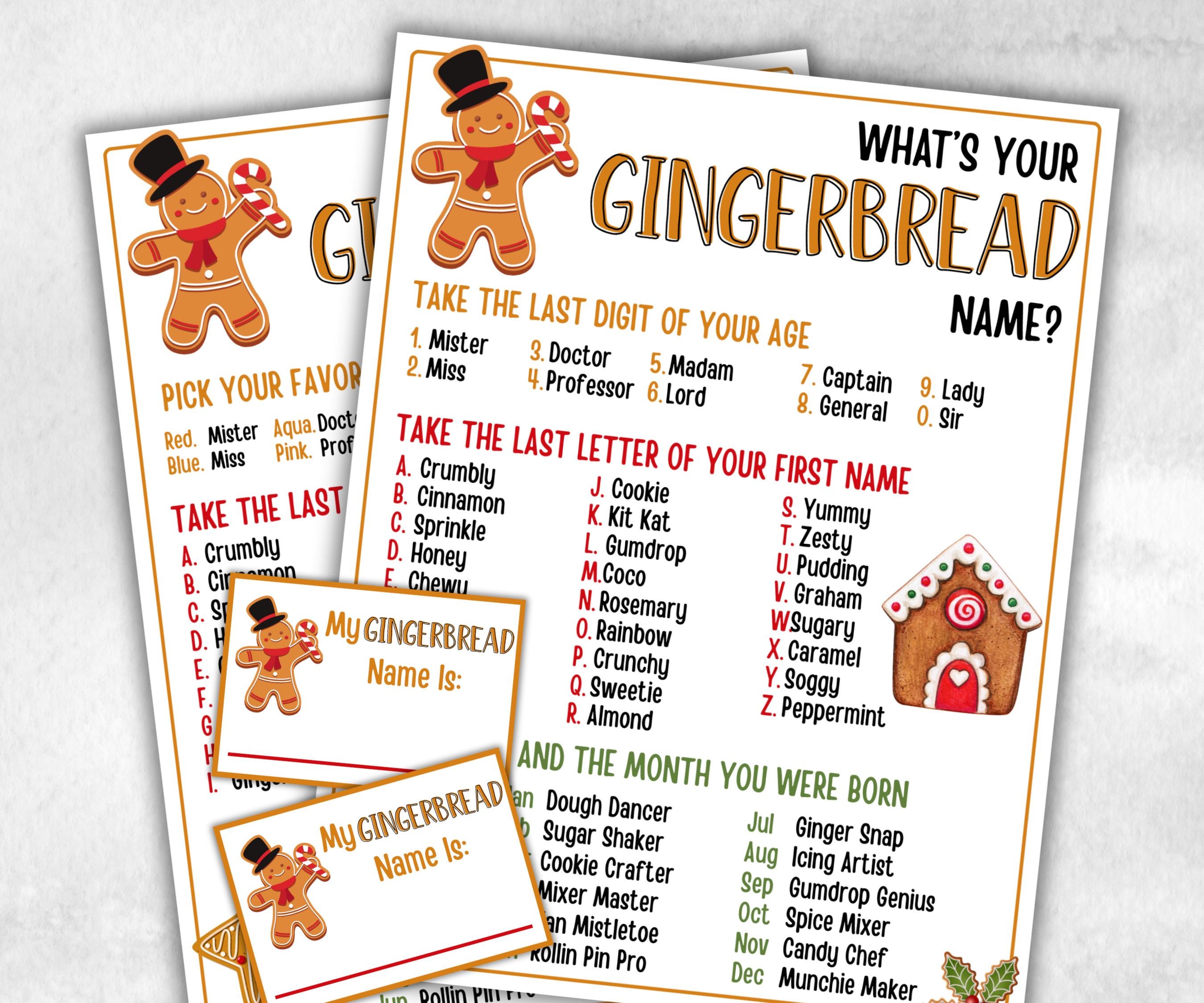 Gingerbread name tag, Gingerbread name board sign, name generator, Xmas Kids activities, Holiday party games, What's Your gingerbread name-Christmas -TheHustlingCatLady-Stickers, Labels & Tags