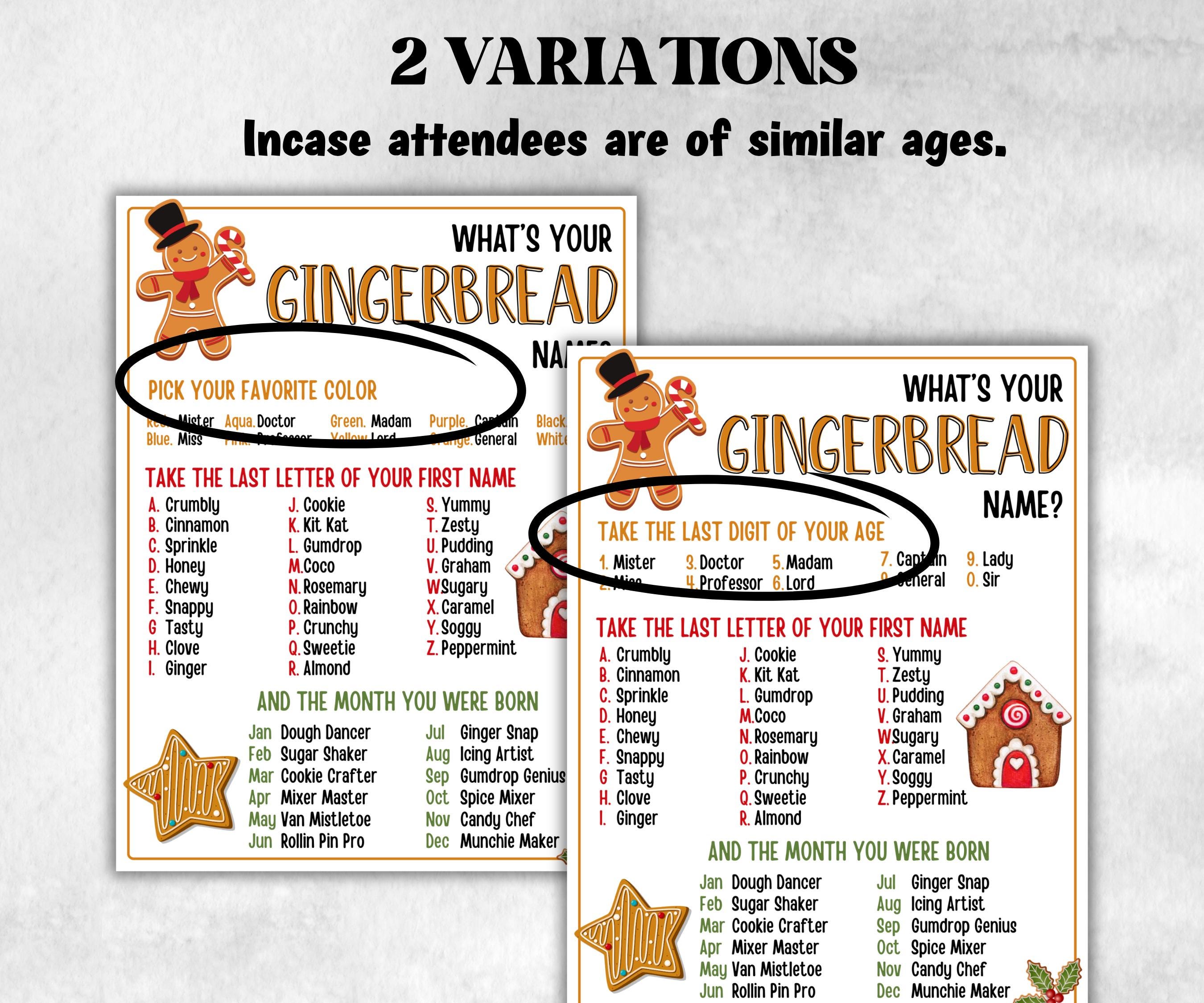 Gingerbread name tag, Gingerbread name board sign, name generator, Xmas Kids activities, Holiday party games, What's Your gingerbread name-Christmas -TheHustlingCatLady-Stickers, Labels & Tags