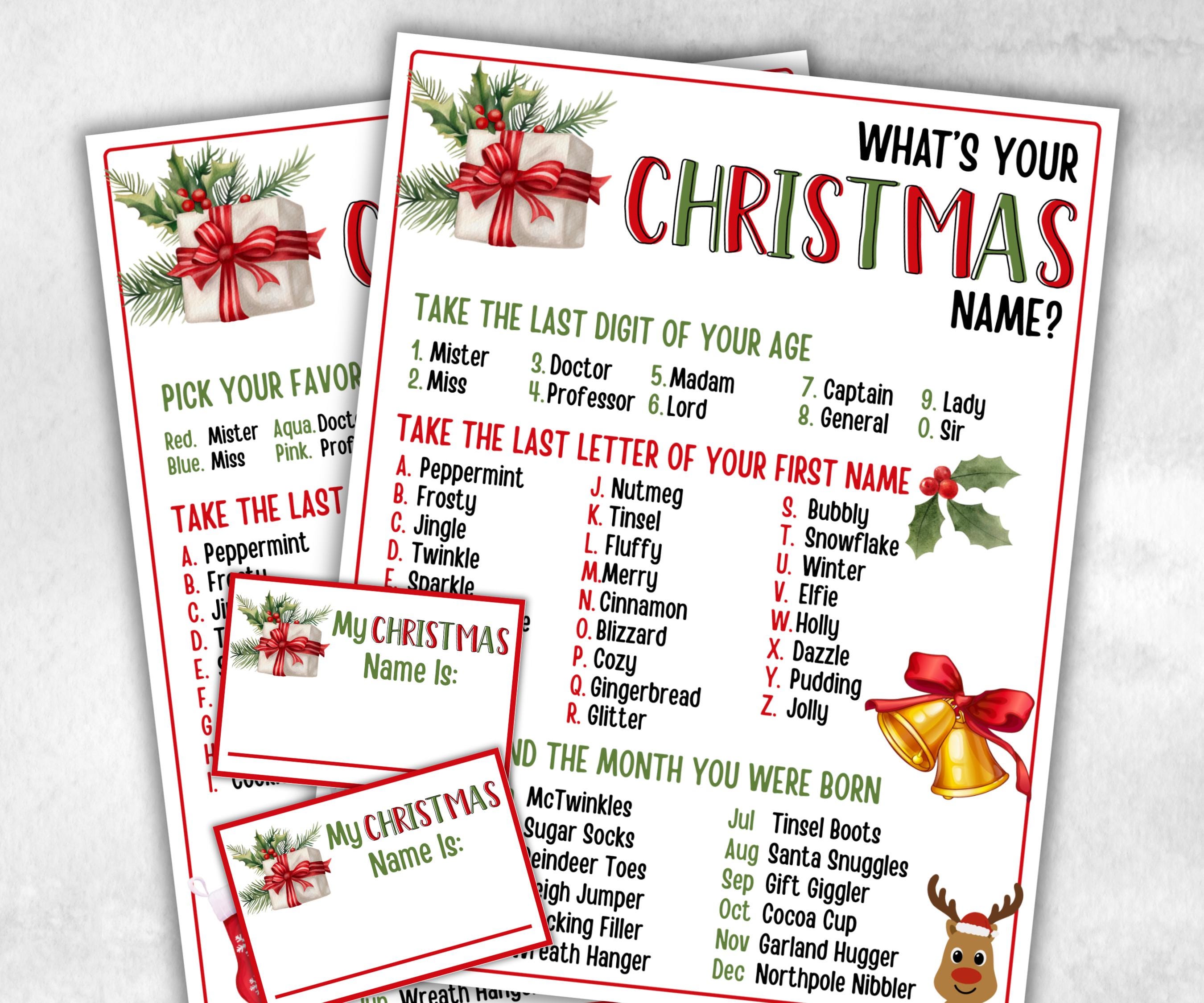 Christmas name tag, Christmas name board sign, name generator, Xmas Kids activities, Holiday party games, What's Your Christmas name game-Christmas -TheHustlingCatLady-Stickers, Labels & Tags
