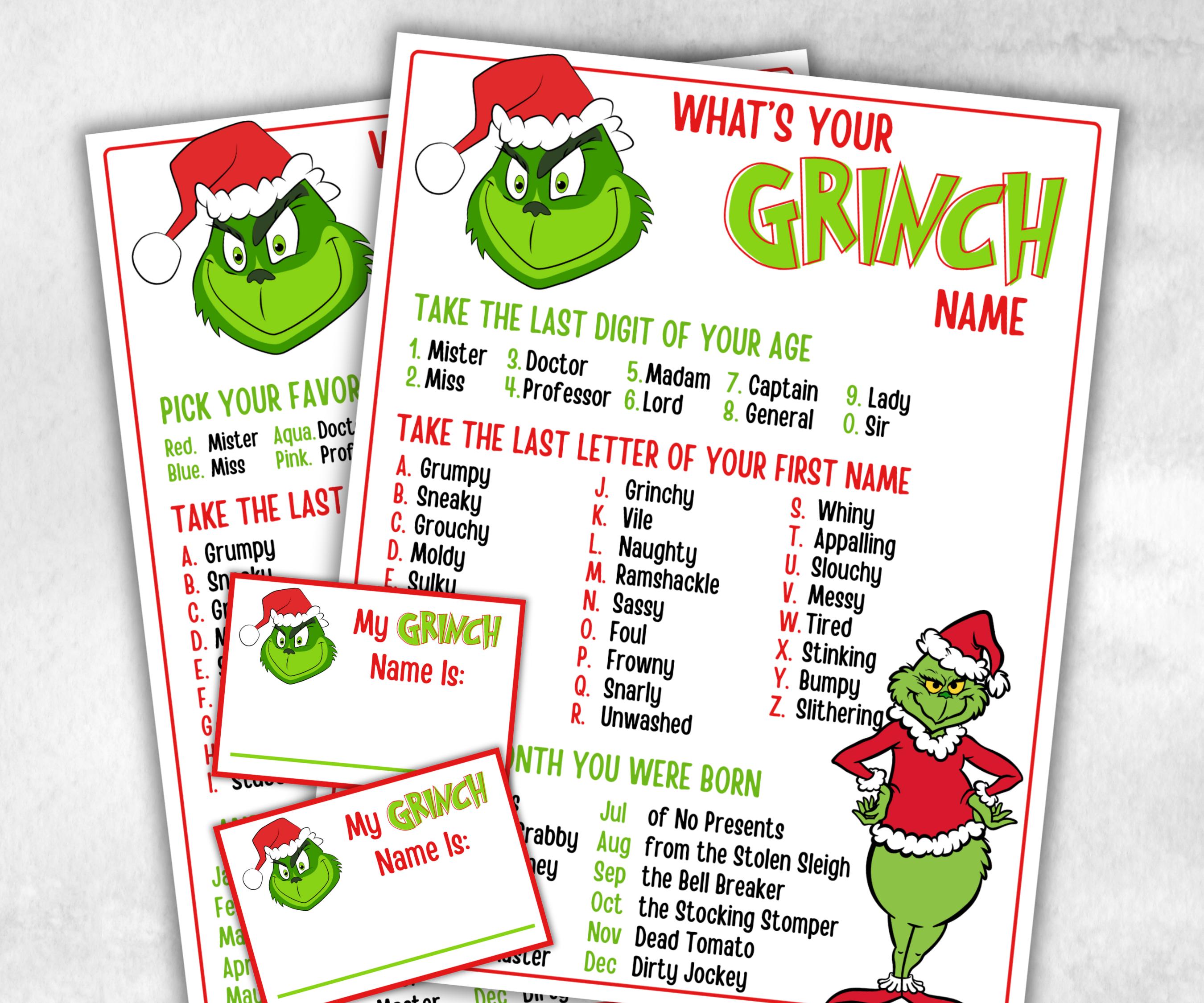 Grinch name tag, Grinch name board sign, name generator, Christmas Kids activities, Holiday party games, Whats Your Grinch name, Grinchmas-Christmas -TheHustlingCatLady-Stickers, Labels & Tags