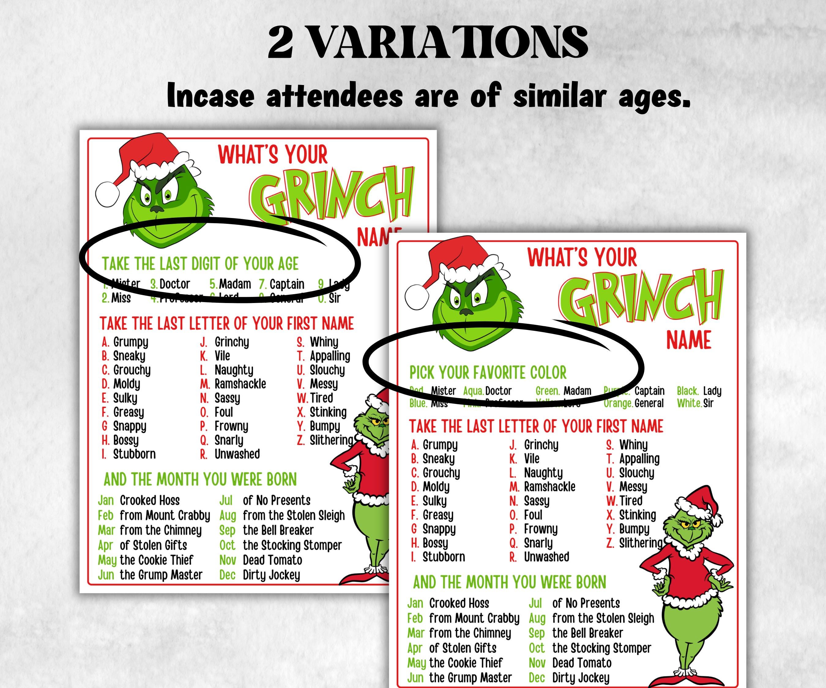 Grinch name tag, Grinch name board sign, name generator, Christmas Kids activities, Holiday party games, Whats Your Grinch name, Grinchmas-Christmas -TheHustlingCatLady-Stickers, Labels & Tags