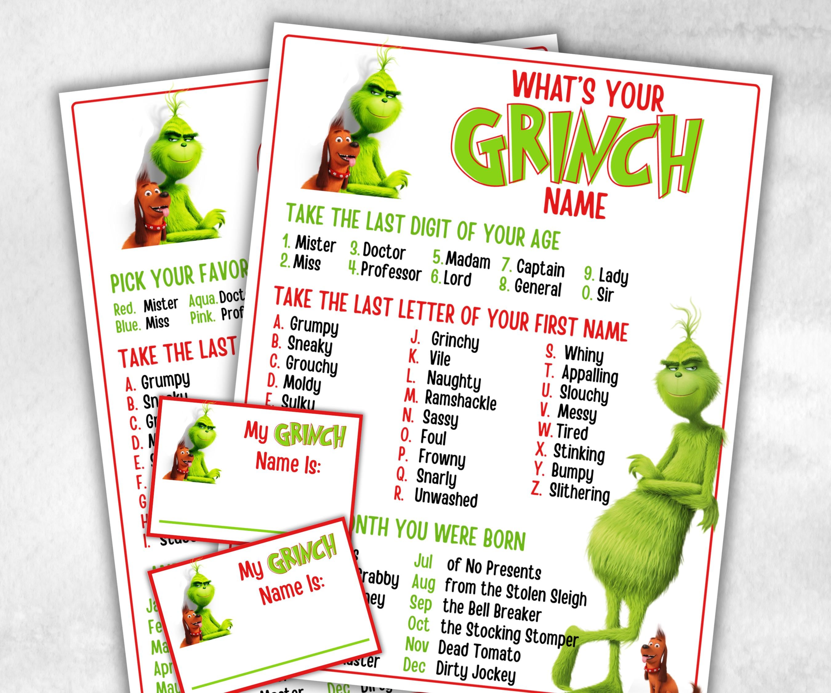 What's Your Grinch name, Grinch name tag, Grinch name board sign, name generator, Christmas Kids activities, Holiday party game, Grinchmas-Christmas -TheHustlingCatLady-Stickers, Labels & Tags