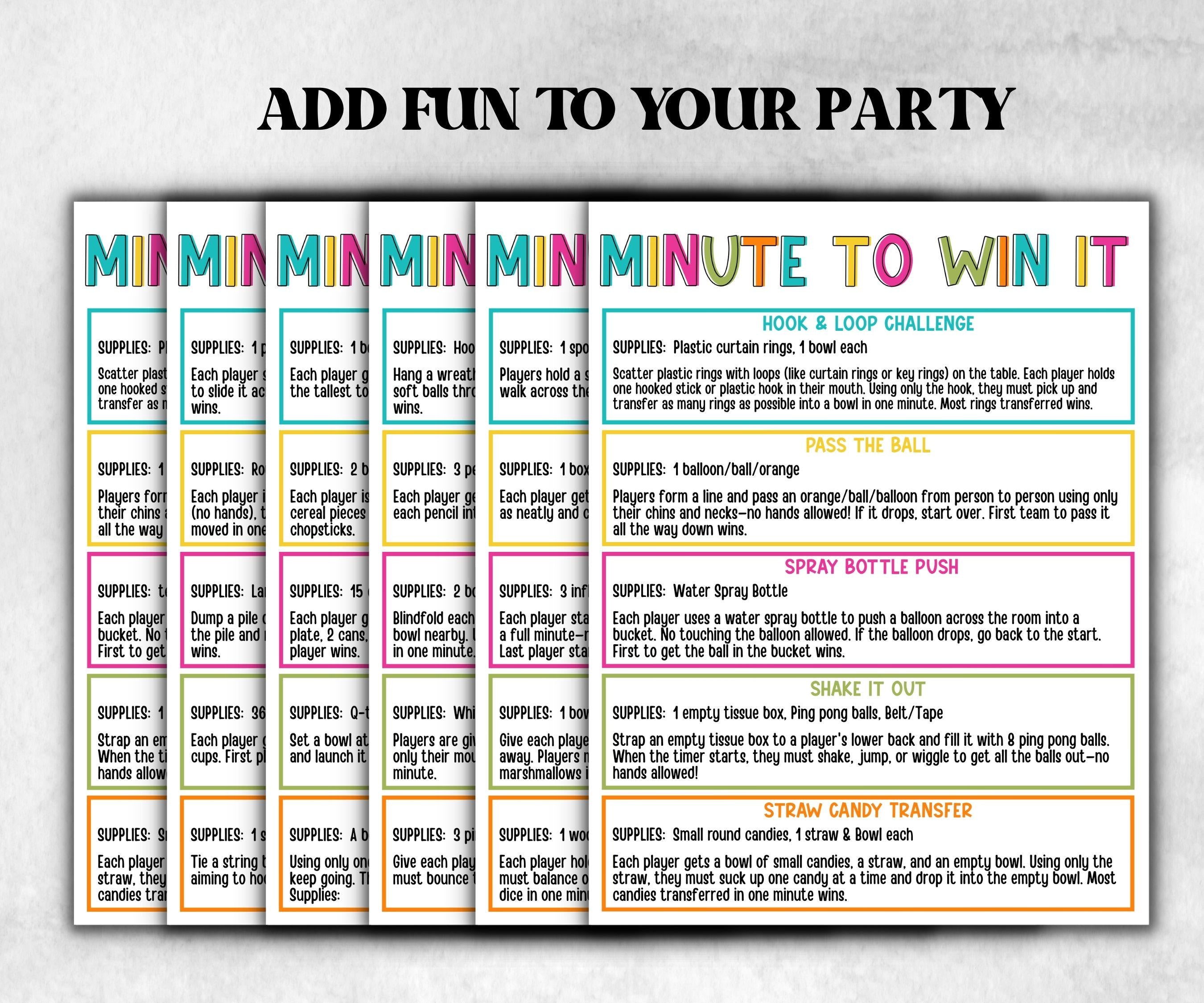 Birthday Minute To Win It, Family Game Night, One Minute Game, 60 Seconds game, Kids Adults Party, Family Reunion, Summer Bday Party Games,- -TheHustlingCatLady-Party Games