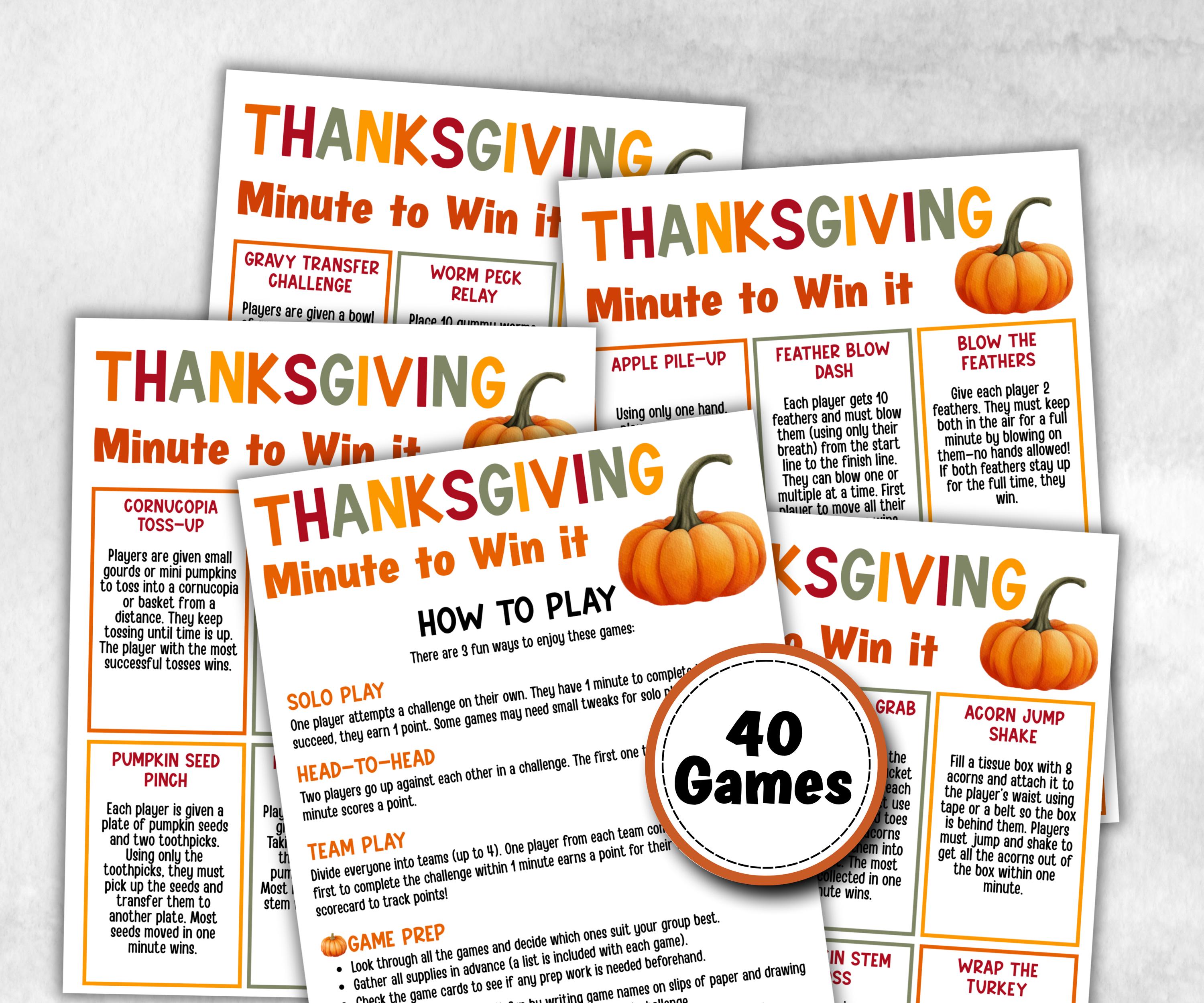Thanksgiving Minute to Win It Activity, Printable Friendsgiving Competition, Give thanks office Party, Kid teen adult, Gratitude party idea-Thanksgiving -TheHustlingCatLady-Party Games