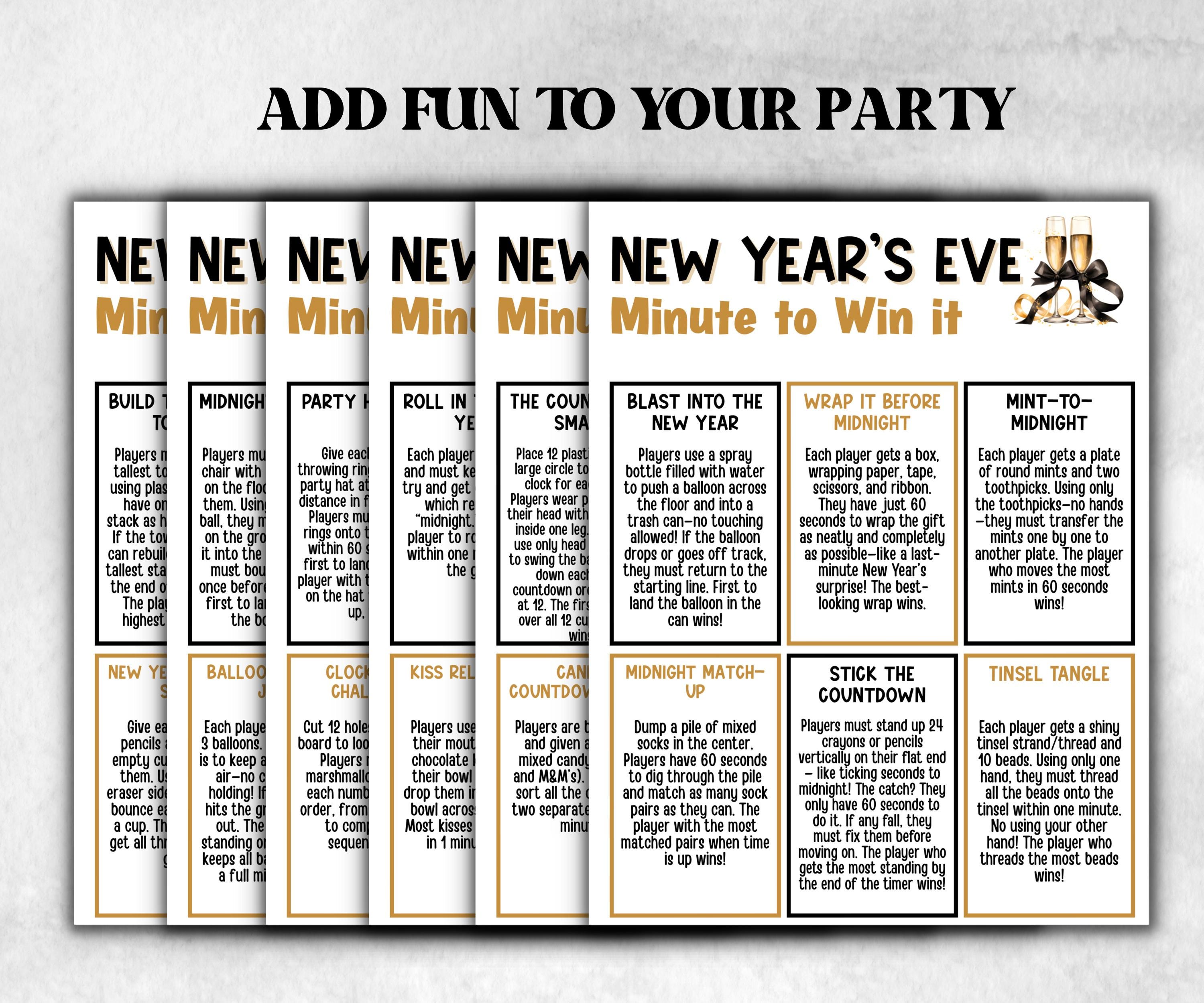New Year's Eve Minute to Win It Activity, Printable New Years Competition, New Year's Eve office Party, Kid teen adult, Friends party idea-New Year's -TheHustlingCatLady-Party Games