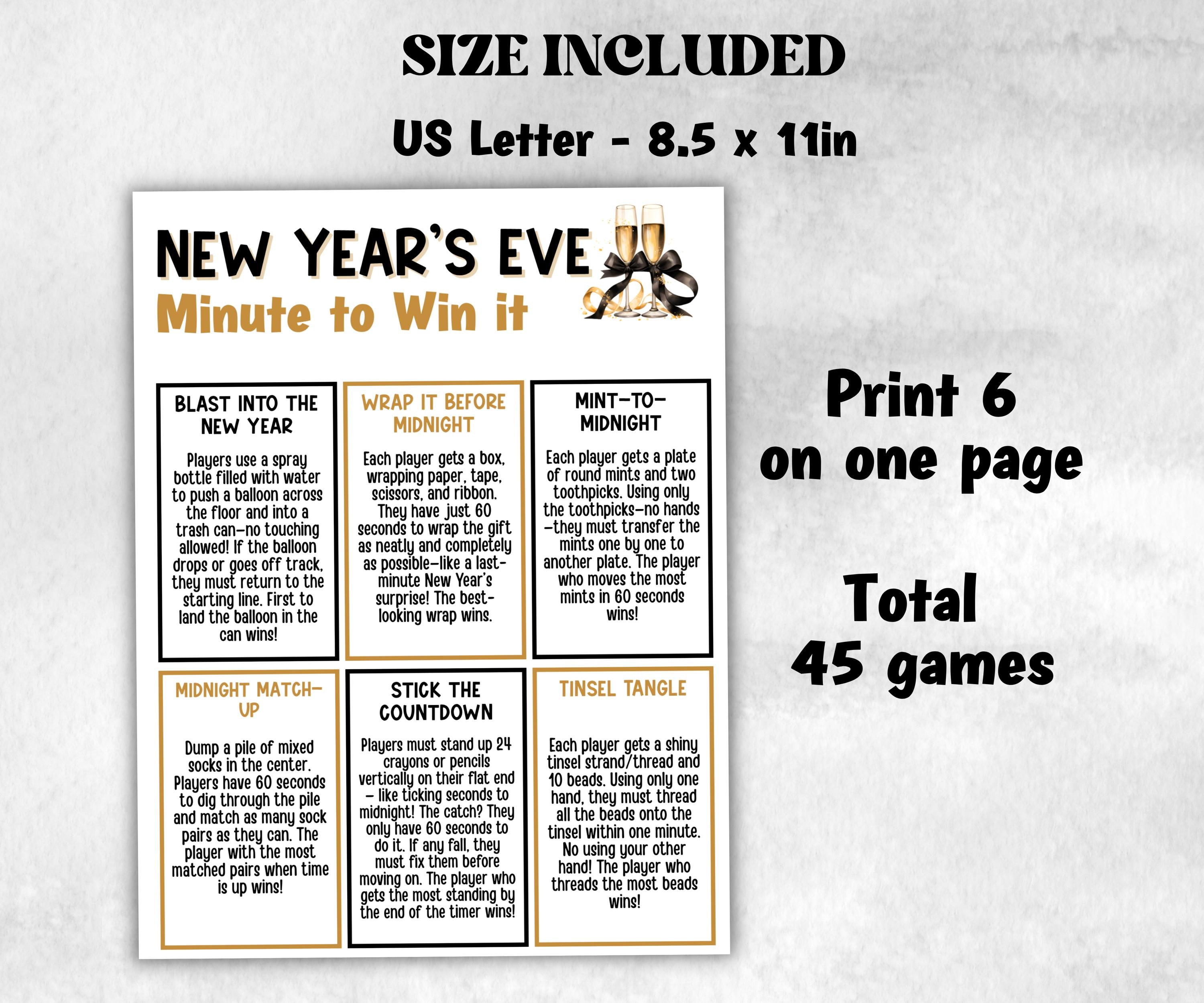 New Year's Eve Minute to Win It Activity, Printable New Years Competition, New Year's Eve office Party, Kid teen adult, Friends party idea-New Year's -TheHustlingCatLady-Party Games