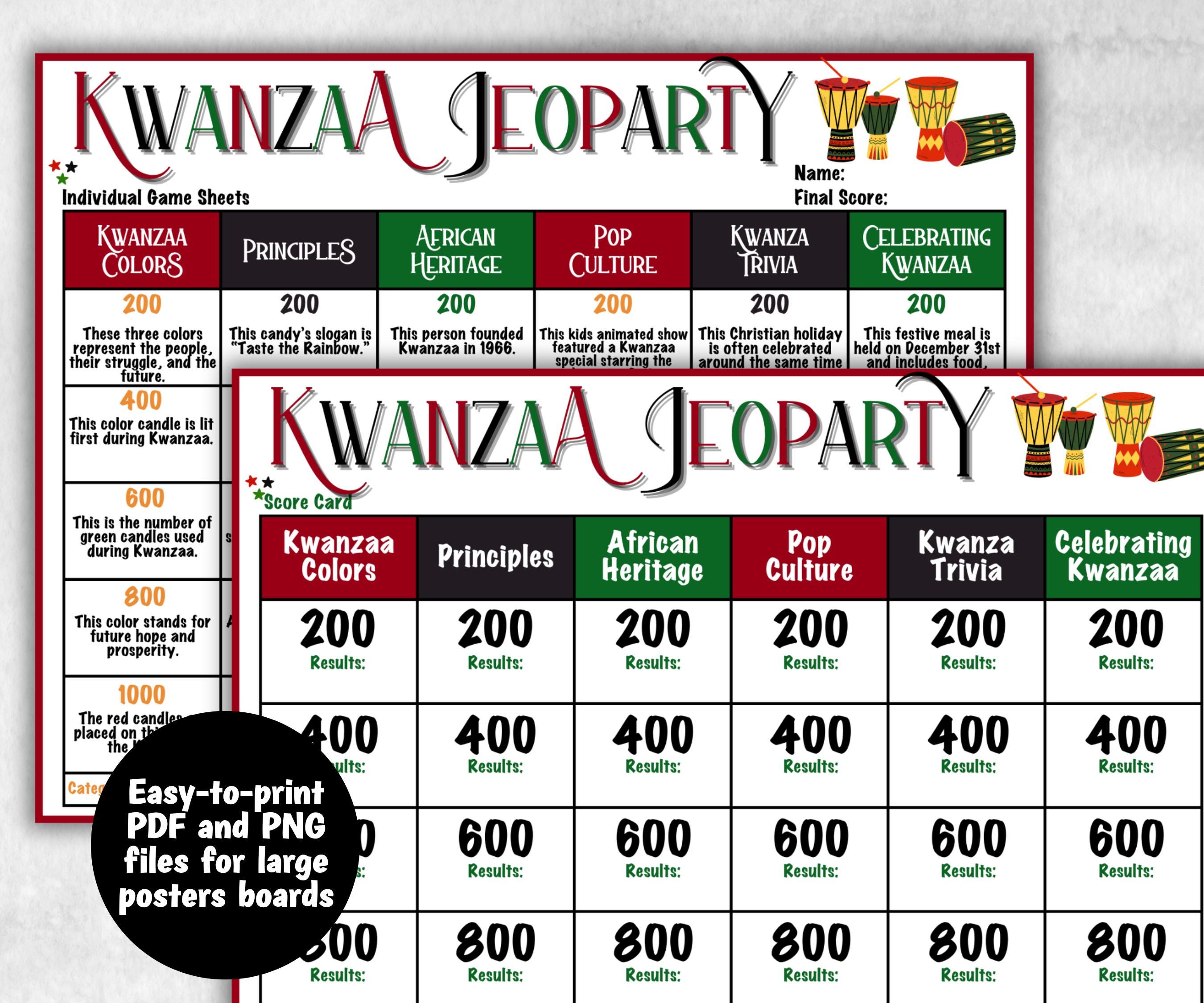 Kwanzaa Jeopardy fun Game, African Kid Adults Party, Group religious tradition, Family Feud Style, Black Culture Trivia Card, Kinara Culture-Holidays -TheHustlingCatLady-Party Games