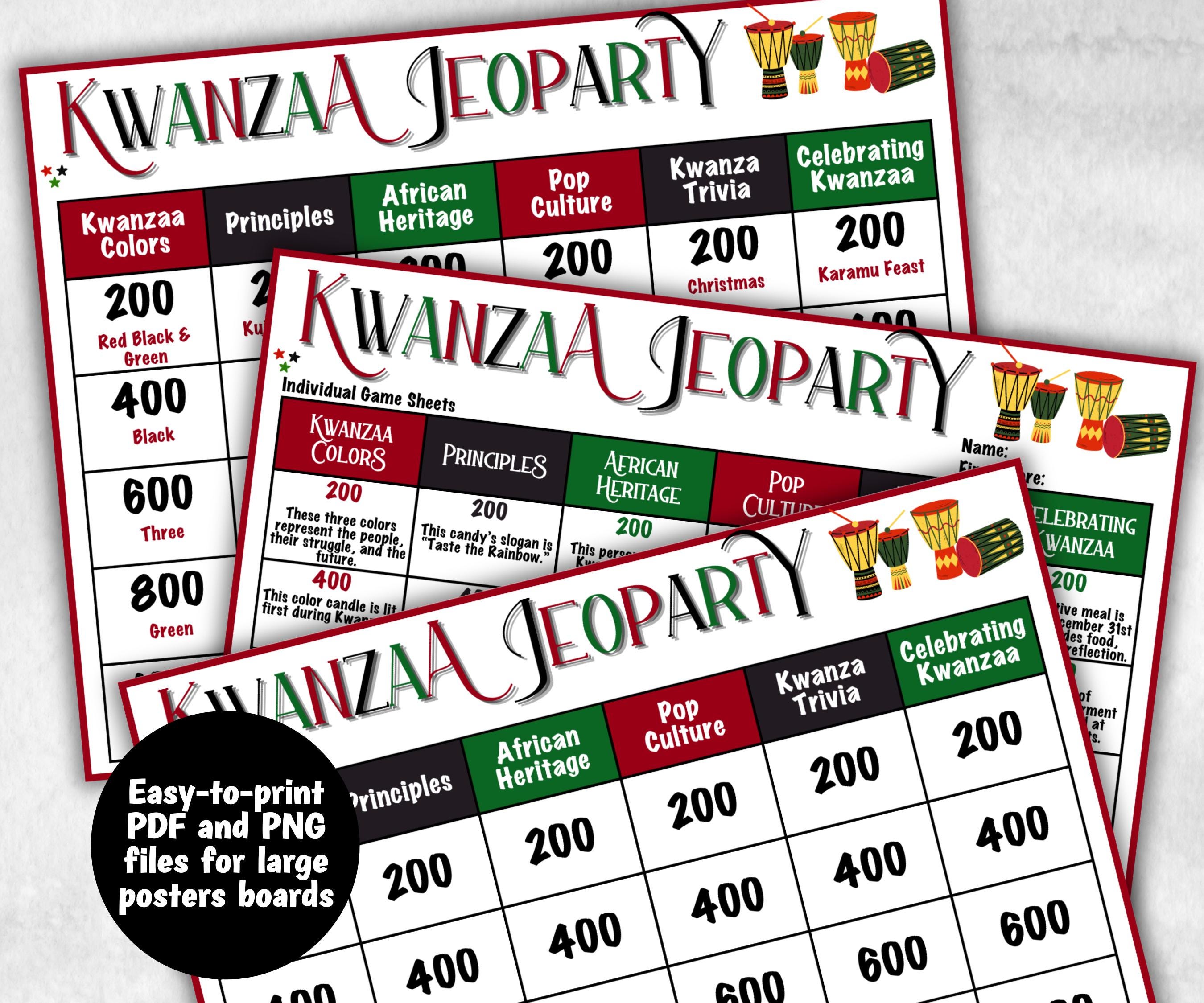 Kwanzaa Jeopardy fun Game, African Kid Adults Party, Group religious tradition, Family Feud Style, Black Culture Trivia Card, Kinara Culture-Holidays -TheHustlingCatLady-Party Games