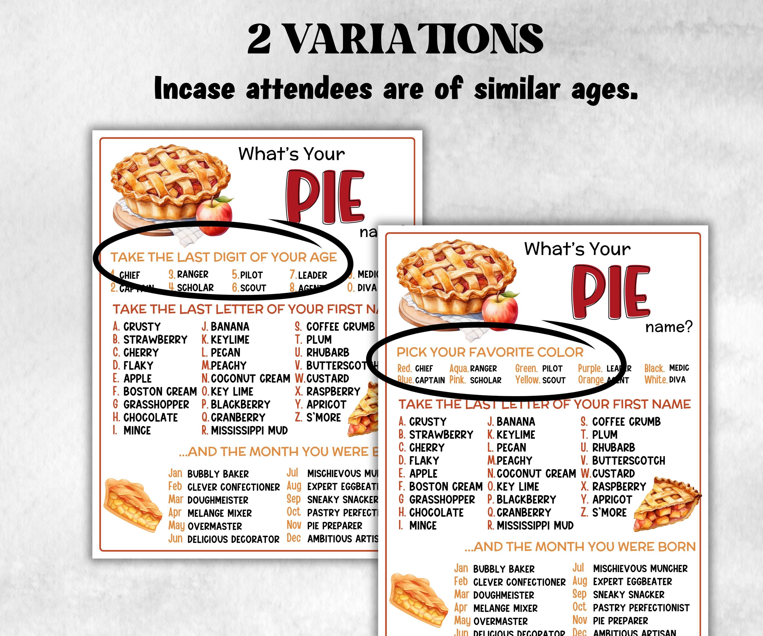 What's Your Pie Name Game with name tags, Pie Holiday Party Game, Fall Thanksgiving, Pie name board sign, name generator, Xmas Kids activity-Thanksgiving -TheHustlingCatLady-Party Games