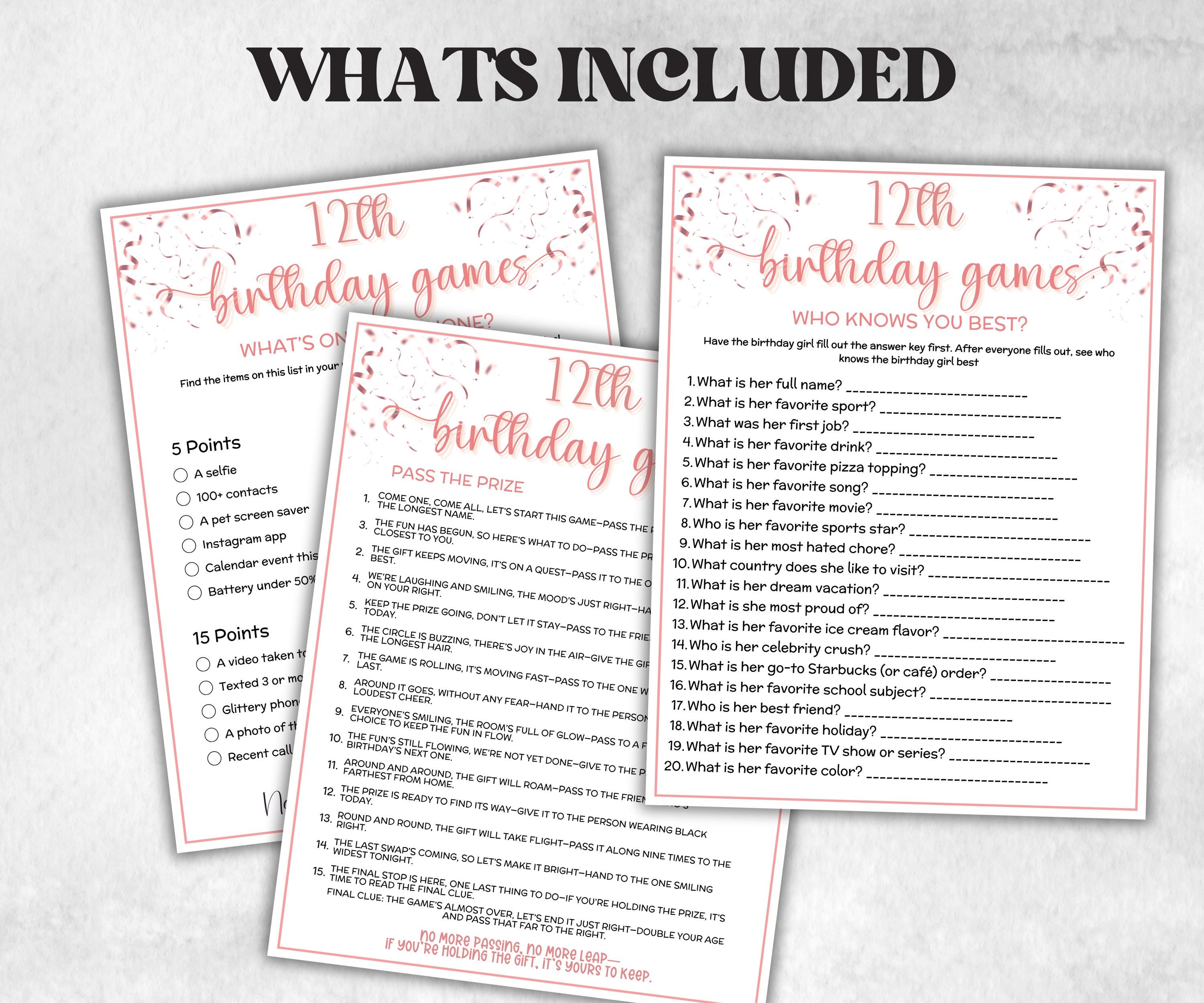 12th Birthday Game Bundle, Pink twelfth Birthday, 12th Birthday Party, Born in 2013, large group Game Bundle, Printable Teen group game-Holidays -TheHustlingCatLady-Party Games