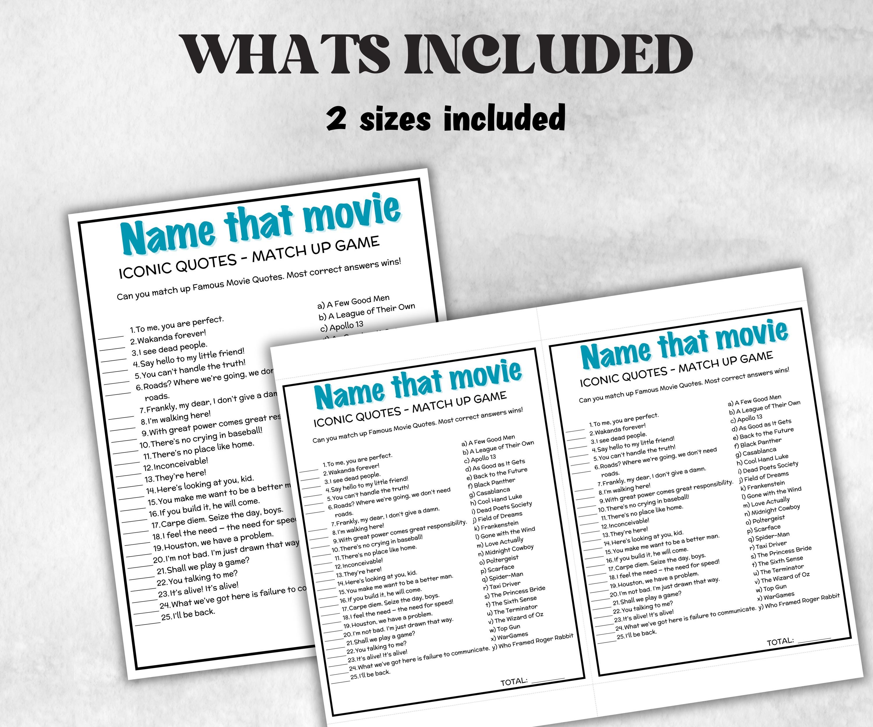 Name that Movie game, movie quote memory, silver screen quiz, movie trivia quiz, Iconic Movie Lines, Silver Screen Quiz Party, Popcorn Night-Holidays -TheHustlingCatLady-Party Games
