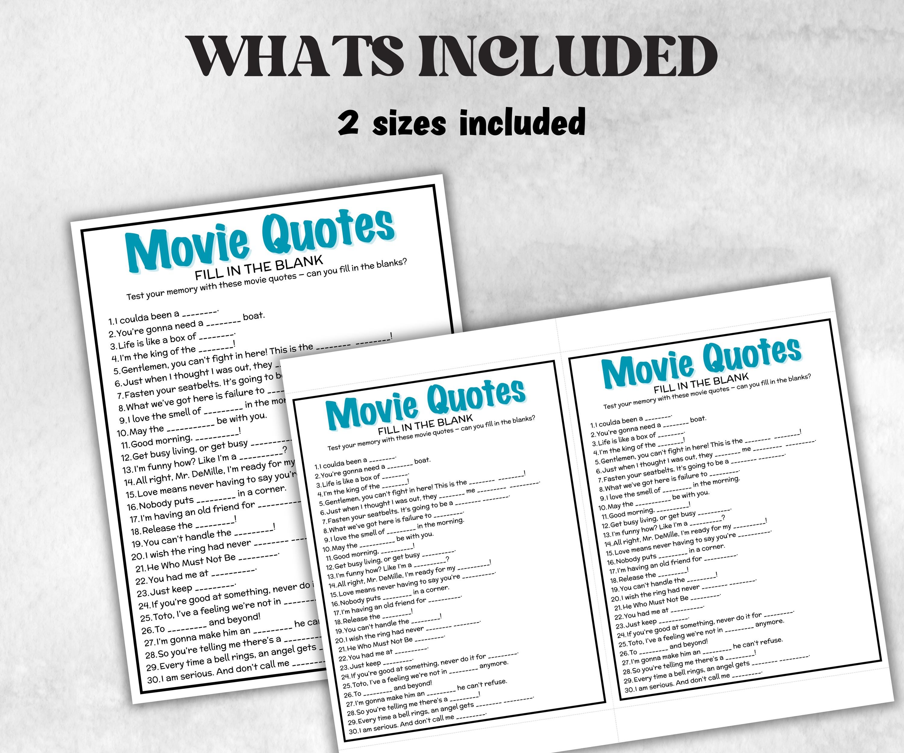 Movie quote memory game, Name that Movie, silver screen quiz, movie trivia quiz, Iconic Movie Lines, Party, Popcorn Night, fill in the blank-Holidays -TheHustlingCatLady-Party Games