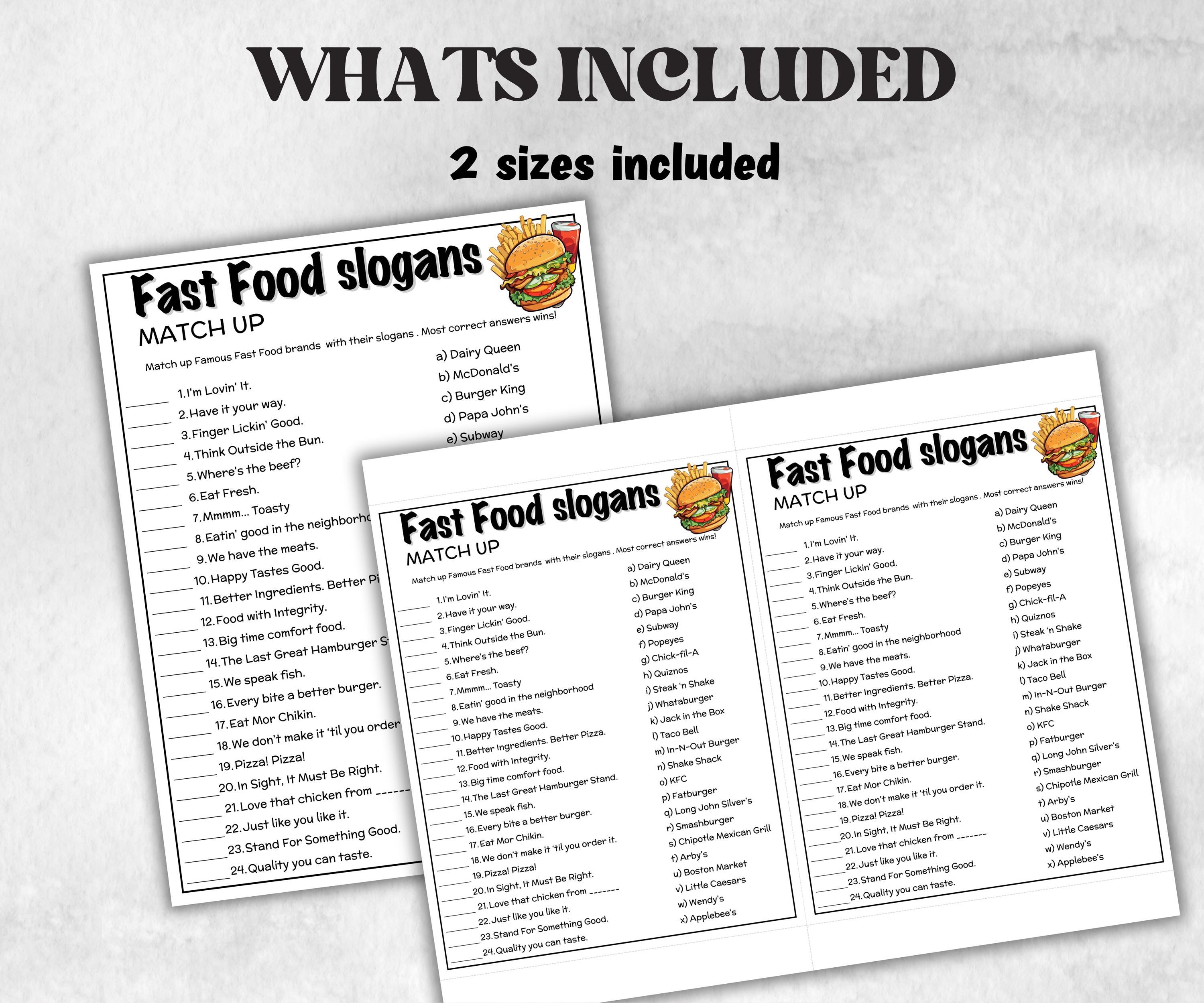 Fast Food Slogan Trivia, TV Commercial Trivia,Soda Drink Office Party, Teens Adult,Ad Slogan Match Up Quiz game, Pizza Burger, Trivia Night-Holidays -TheHustlingCatLady-Party Games