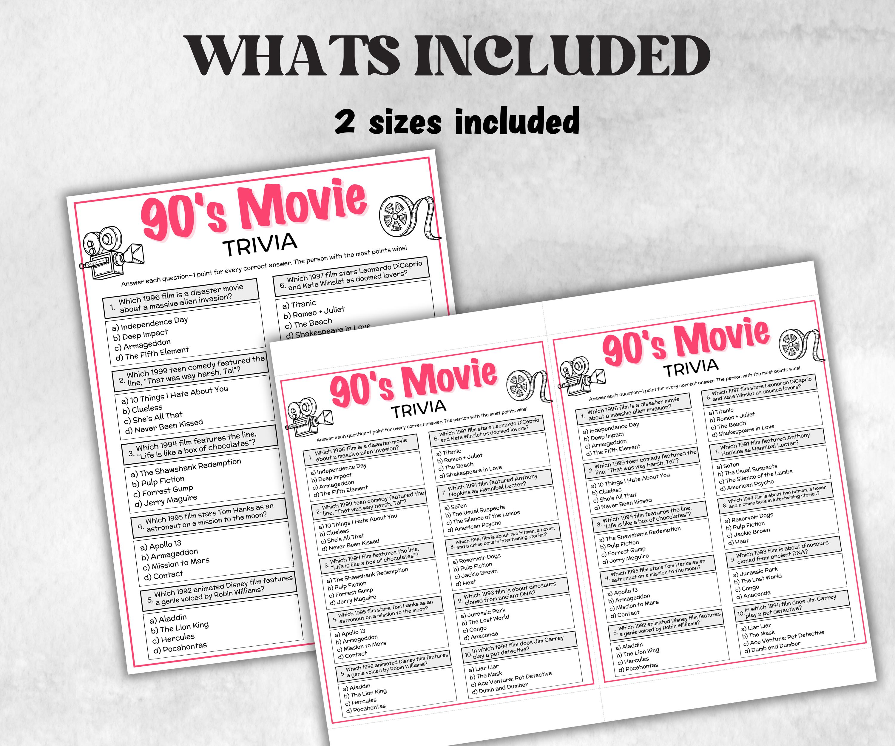 1990s Movie Trivia Game, Decades Movie Quiz, Silver Screen Movie Quote Trivia, 30th birthday party, Family Movie Night, Award Ceremony Party-Holidays -TheHustlingCatLady-Party Games