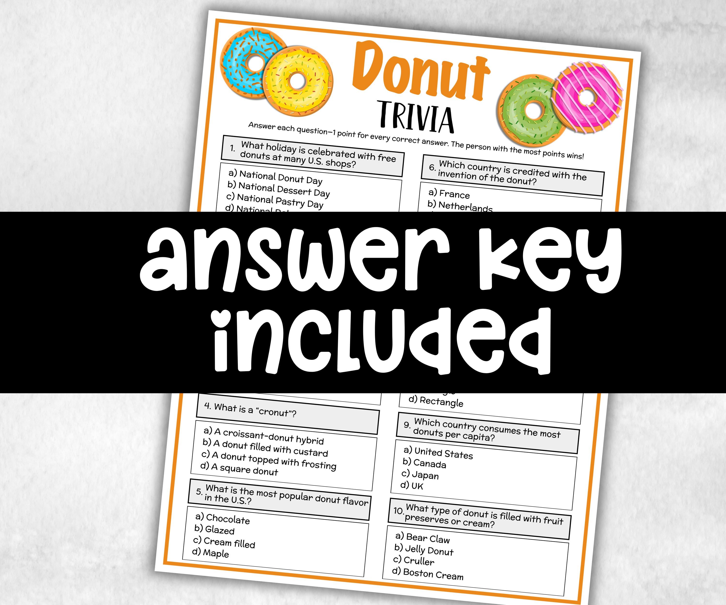Printable Donut Trivia, Theme Birthday, Senior Trivia Night, summer Spring, Sunday School, Women Ministry, Sweets Baby Shower, bridal shower-Holidays -TheHustlingCatLady-Party Games