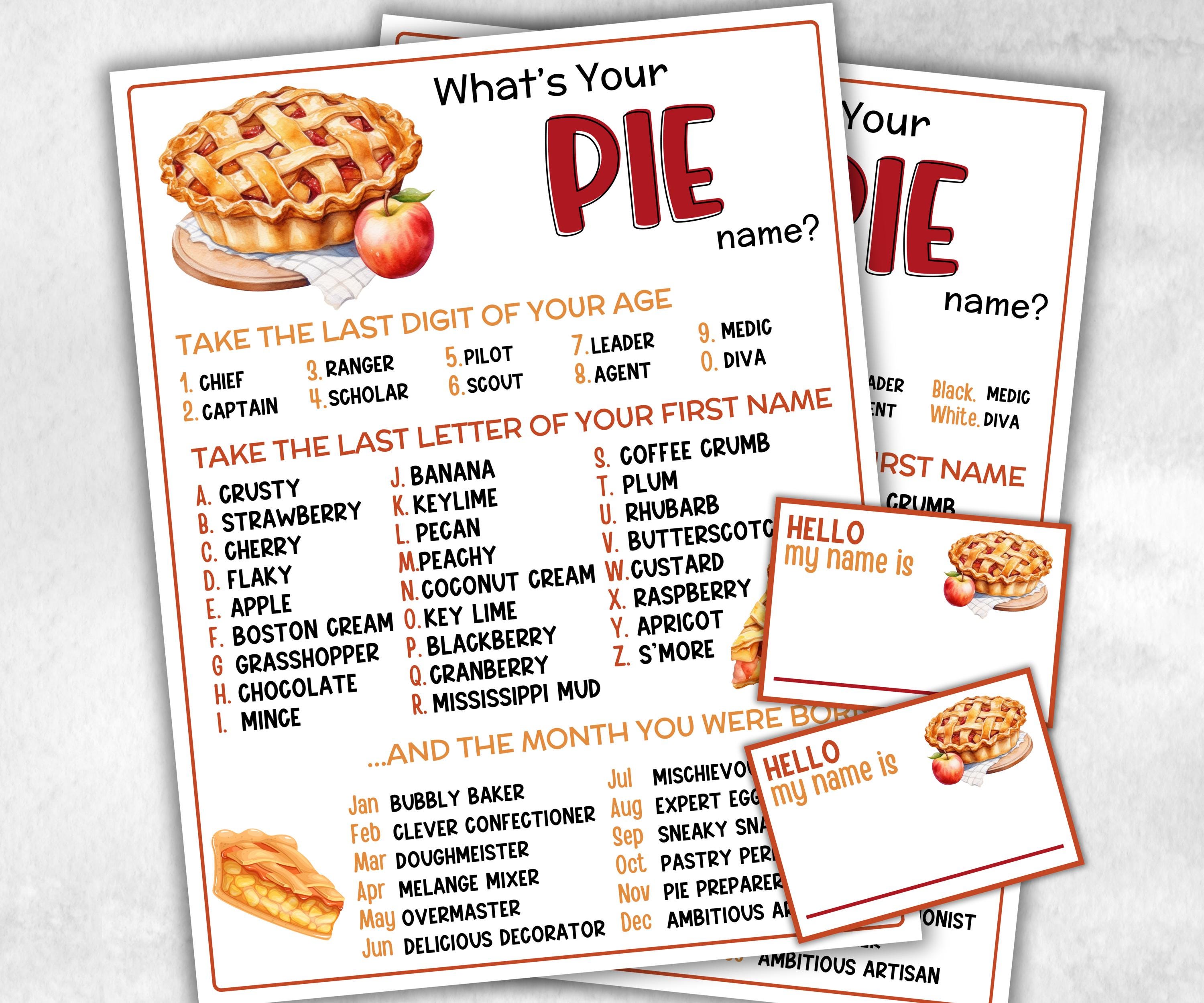 What's Your Pie Name Game with name tags, Pie Holiday Party Game, Fall Thanksgiving, Pie name board sign, name generator, Xmas Kids activity-Thanksgiving -TheHustlingCatLady-Party Games