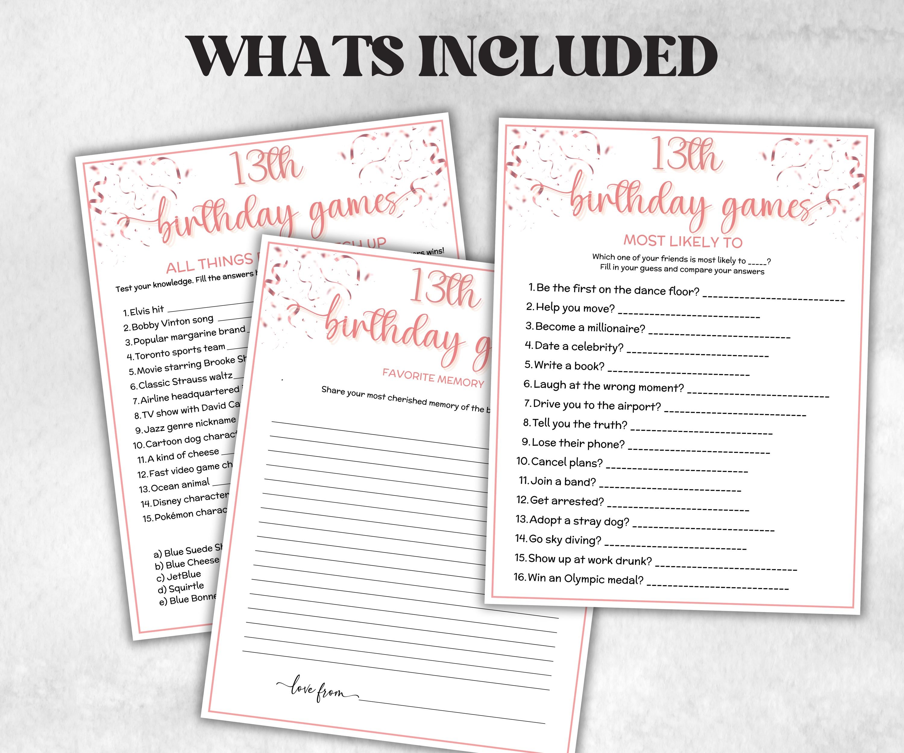 13th Birthday Game Bundle, Pink Thirteenth Birthday, 13th Birthday Party, Born in 2012, large group Game Bundle, Printable Teen group game-Holidays -TheHustlingCatLady-Party Games