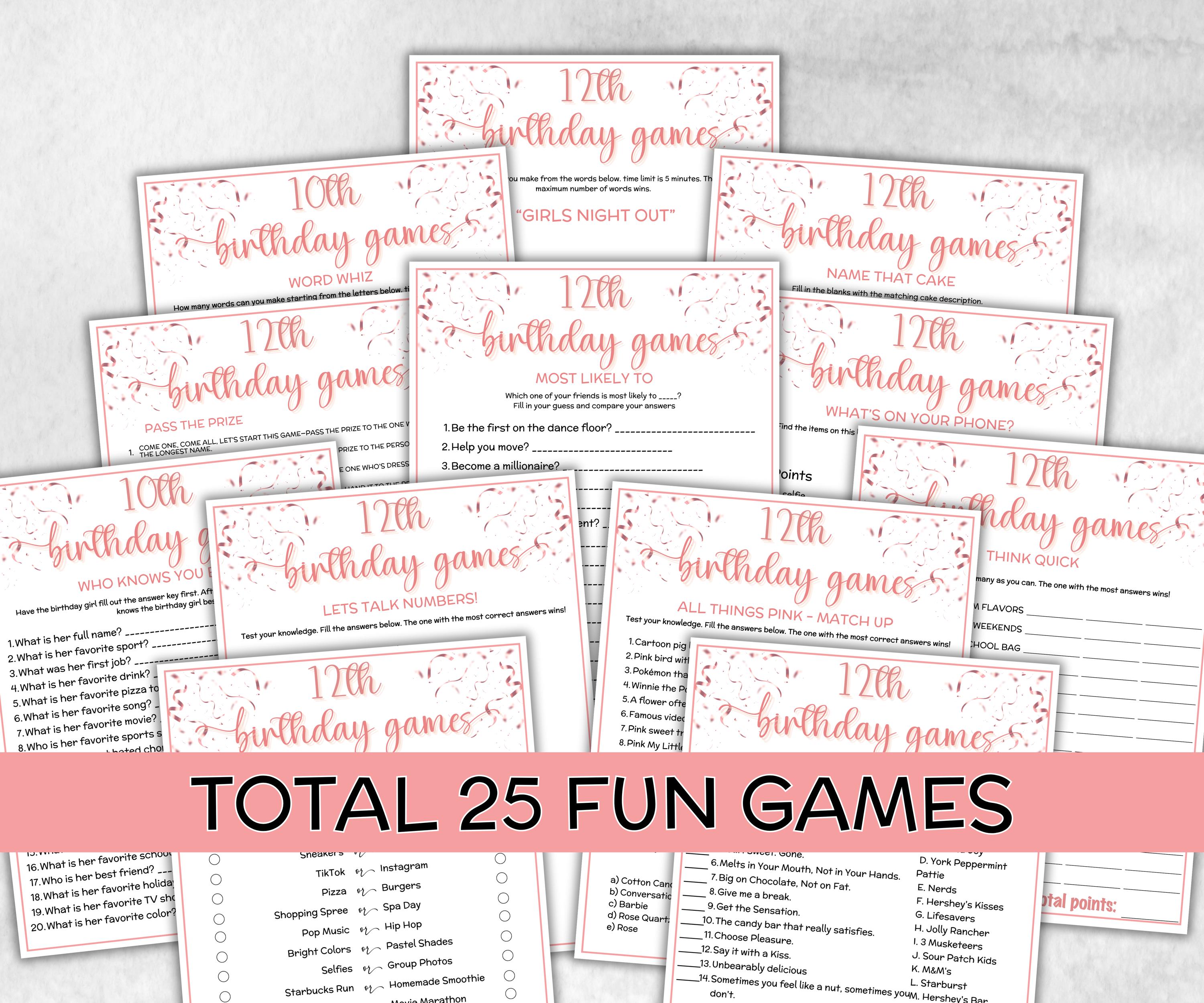 12th Birthday Game Bundle, Pink twelfth Birthday, 12th Birthday Party, Born in 2013, large group Game Bundle, Printable Teen group game-Holidays -TheHustlingCatLady-Party Games