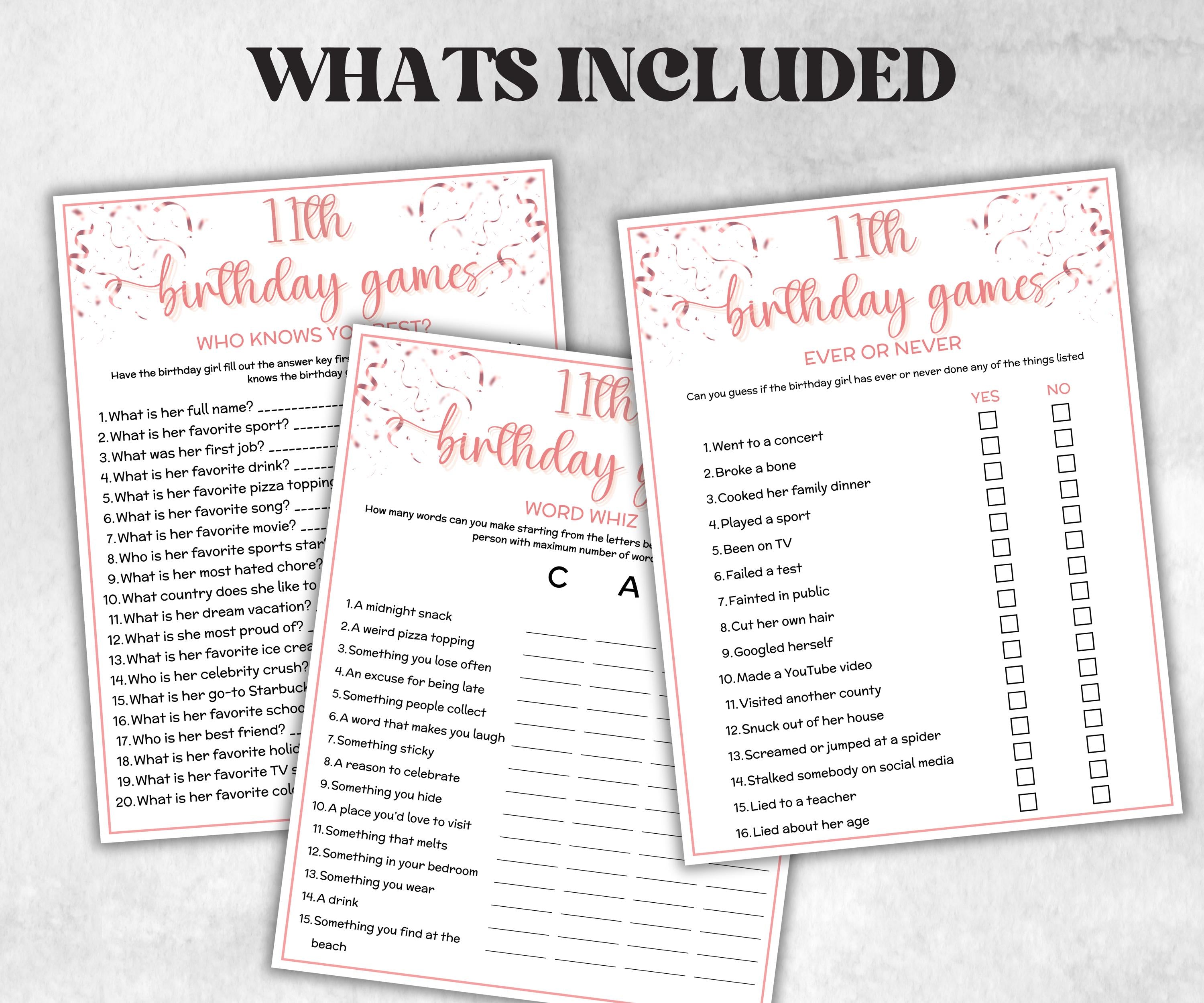 11th Birthday Game Bundle, Pink eleventh Birthday, 11th Birthday Party, Born in 2014, large group Game Bundle, Printable Teen group game-Holidays -TheHustlingCatLady-Party Games