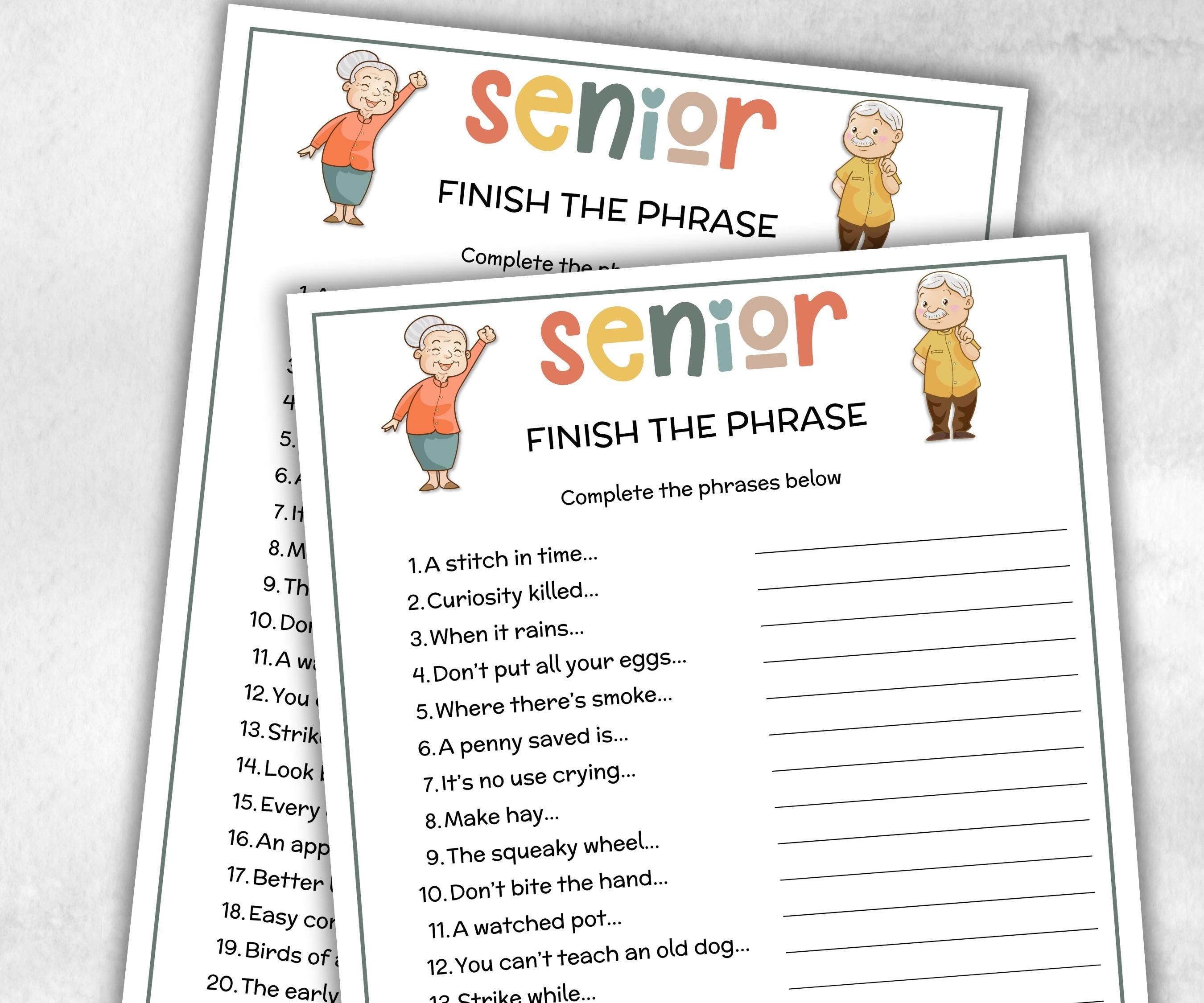 Senior Finish the phrase, Family Game Night, Dementia Activity, Senior Party Games, Retirement Games, Senior Citizens, Nursing Home Games-Holidays -TheHustlingCatLady-Party Games