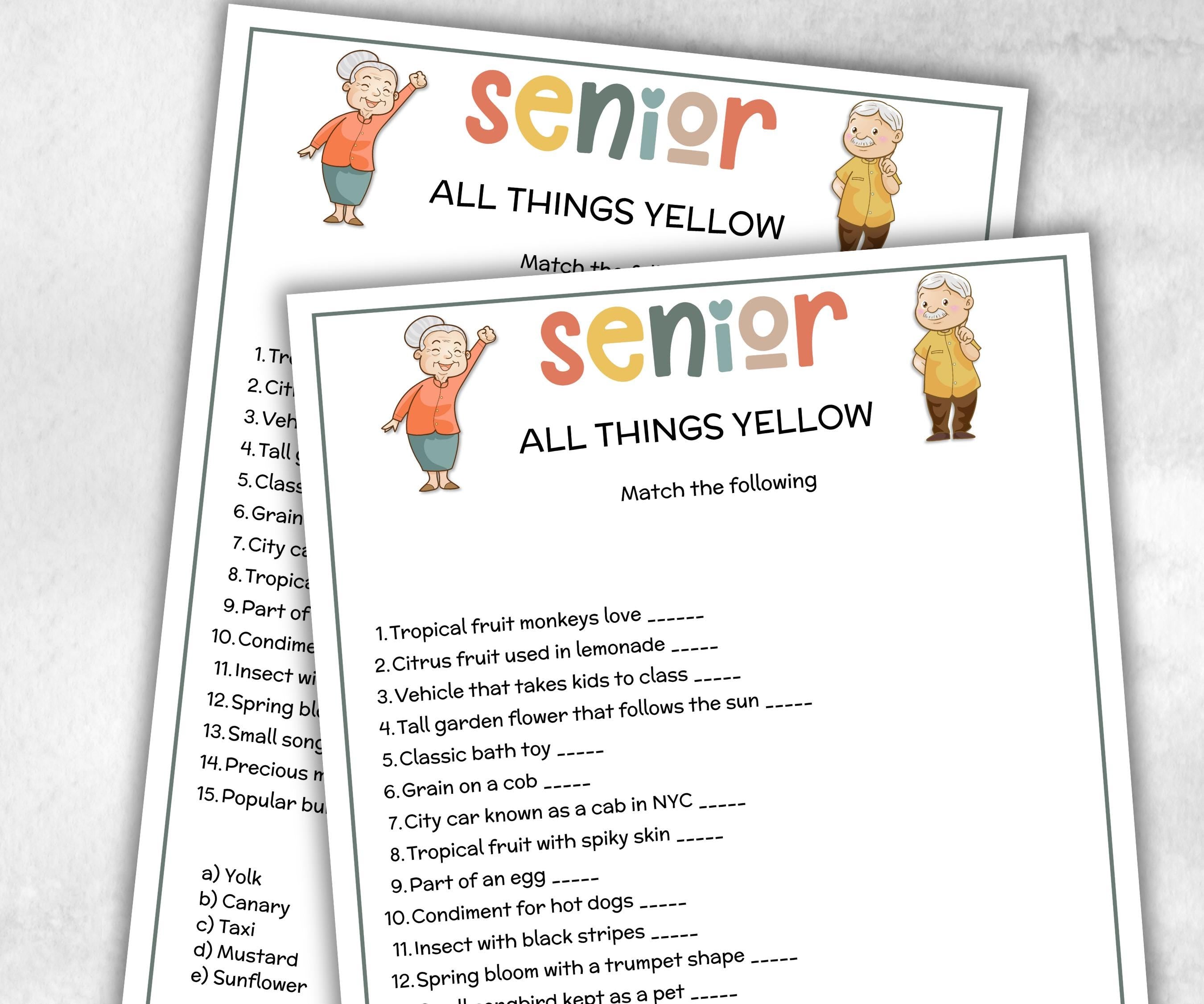 Senior All things Yellow, Family Game Night, Dementia Activity, Retirement Game, Senior Citizen, Nursing Home Game, Senior Living Party game-Holidays -TheHustlingCatLady-Party Games