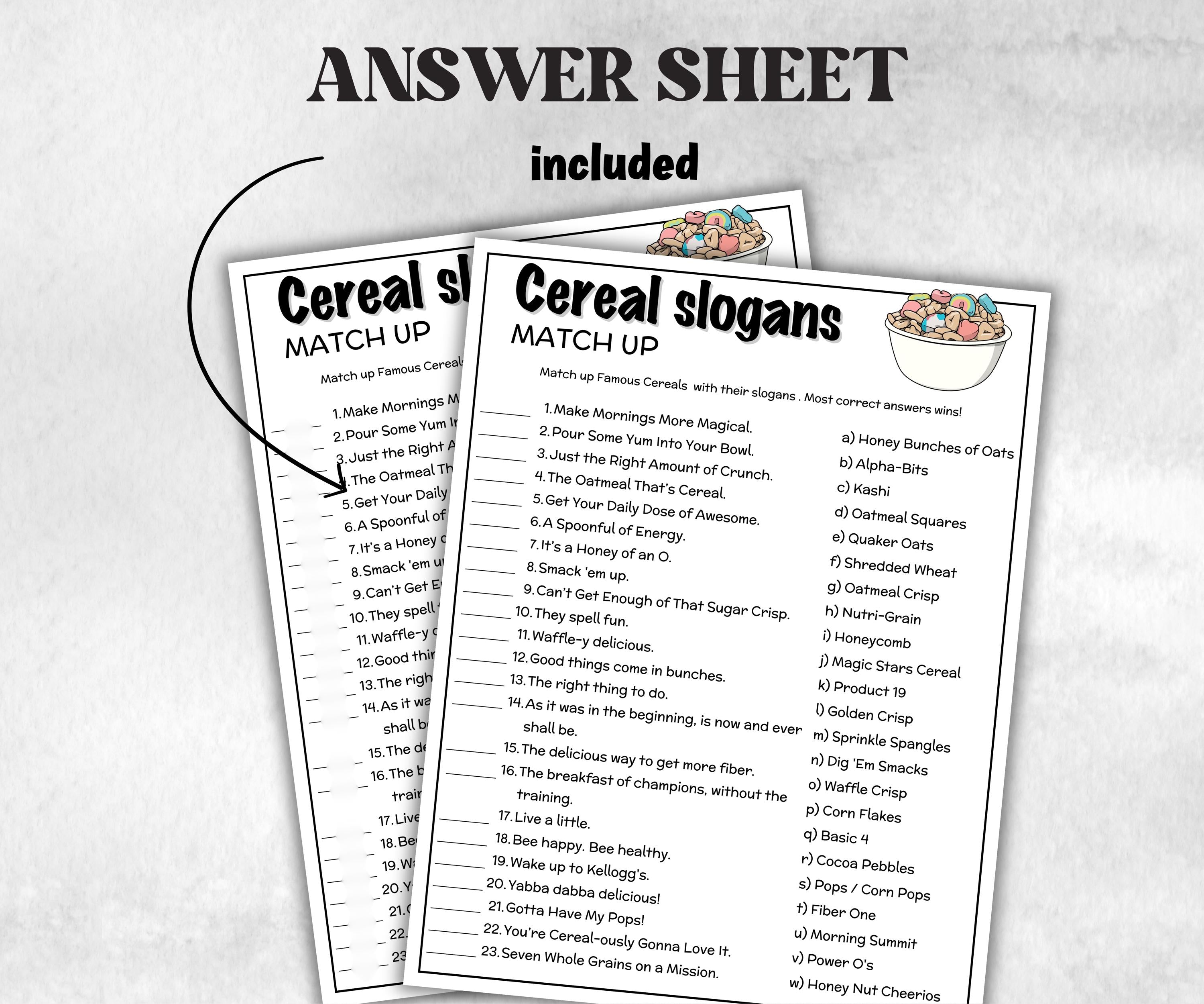Cereal Slogan Trivia, TV Commercial Trivia, Ad Slogan Office Party, Teens Adult, Ad Slogan Match Up Quiz game, Trivia Night,Breakfast Trivia-Holidays -TheHustlingCatLady-Party Games