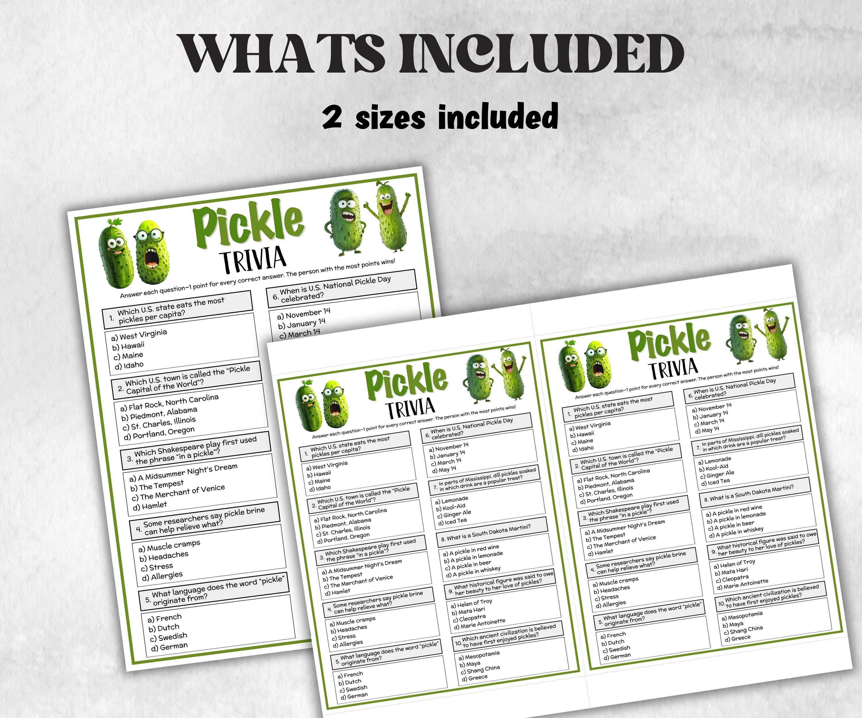 Printable Pickle Trivia, Support Pickle Theme Birthday, Seniors Trivia Night, summer Spring, dill with it, Sunday School, Women Ministry-Holidays -TheHustlingCatLady-Party Games