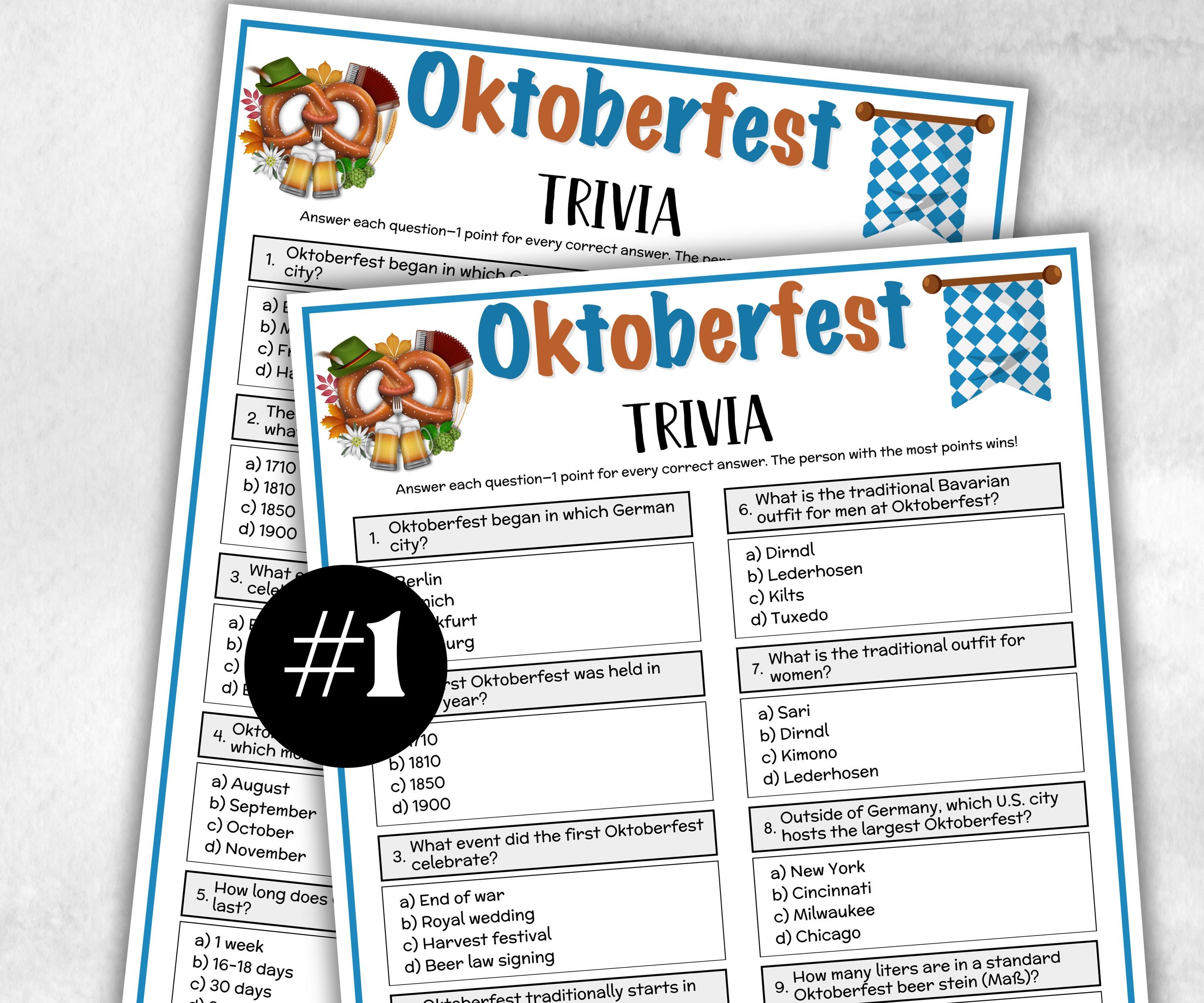 Printable Oktoberfest Trivia, Beer Theme Birthday, Seniors Trivia Night, summer Spring, Sunday School, Beer Festival, Pretzel Party,bavarian-Holidays -TheHustlingCatLady-Party Games