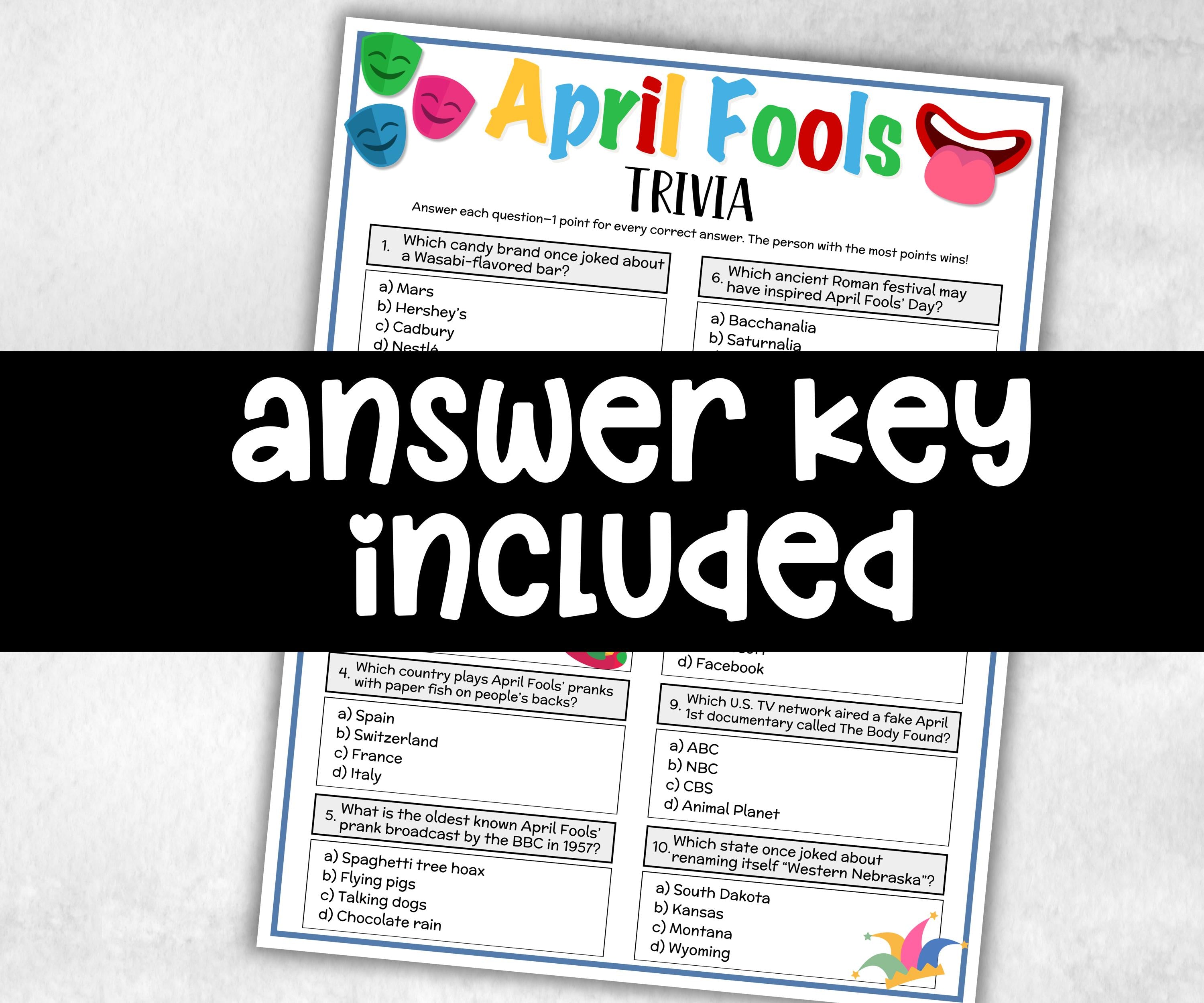 April Fools Trivia, Funny Theme Birthday, Seniors Trivia Night, Sunday School, Women Ministry, family reunion, April birthday, summer spring-Holidays -TheHustlingCatLady-Party Games