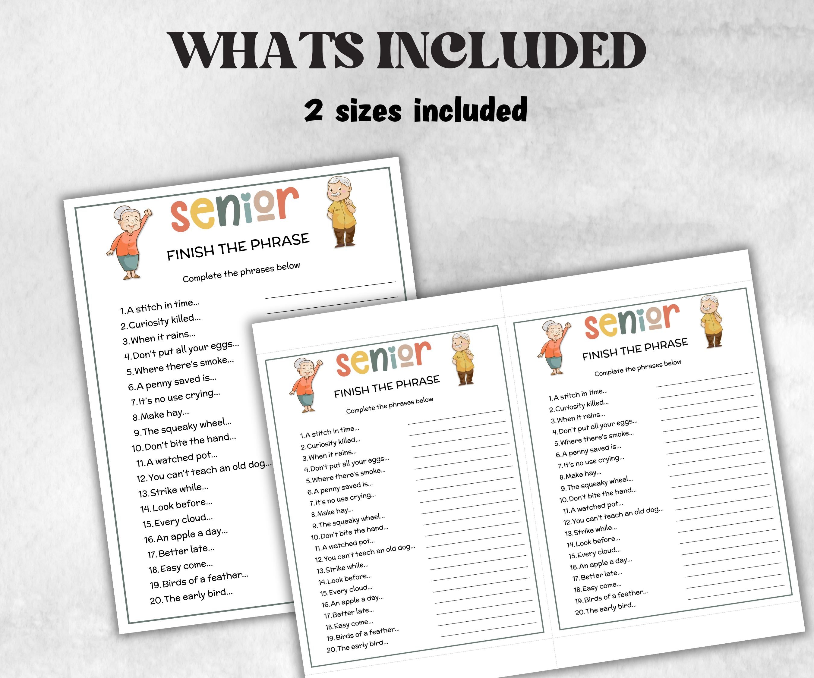 Senior Finish the phrase, Family Game Night, Dementia Activity, Senior Party Games, Retirement Games, Senior Citizens, Nursing Home Games-Holidays -TheHustlingCatLady-Party Games