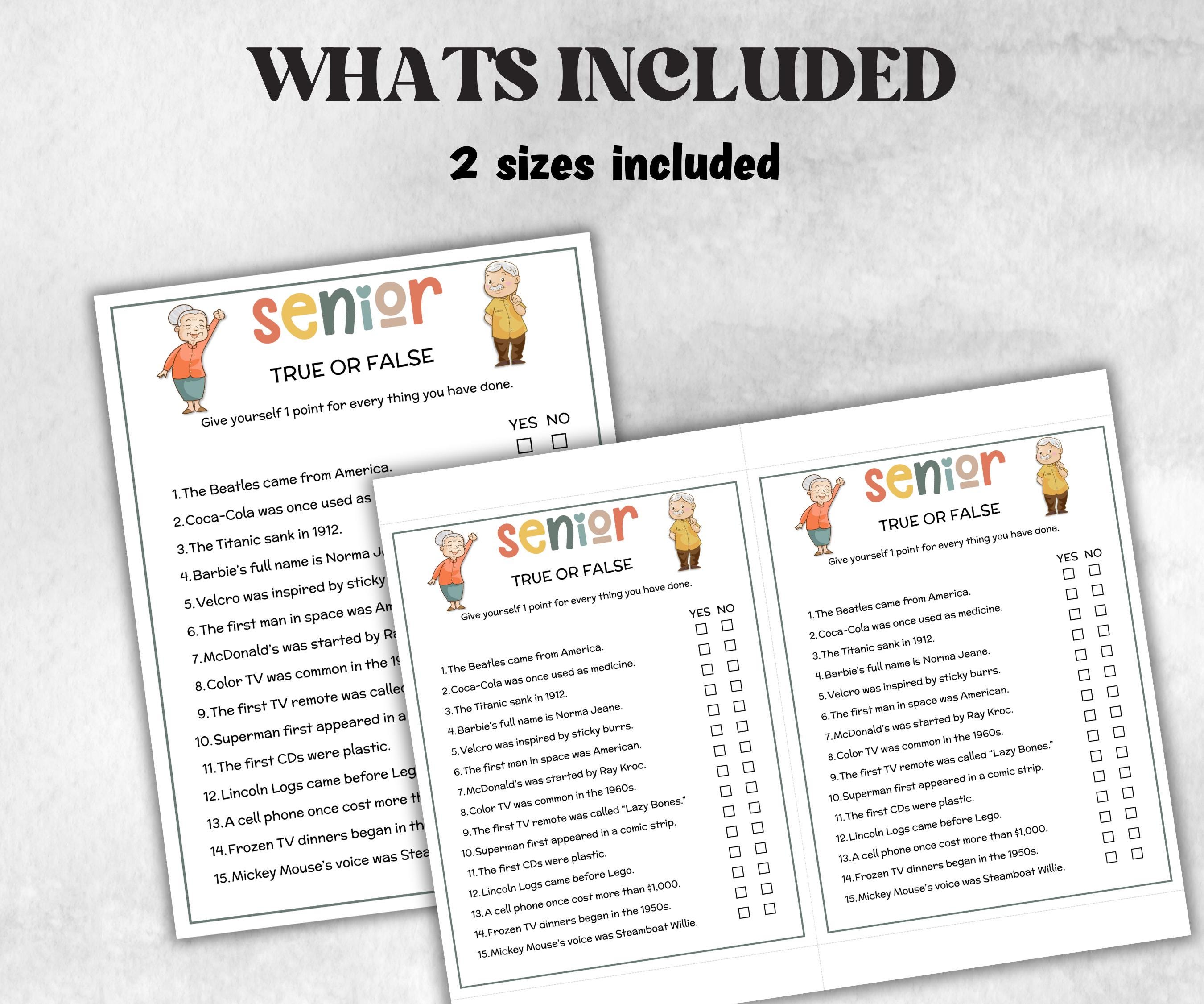 Senior True or False, Family Game Night, Dementia Activity, Retirement Games, Senior Citizens, Nursing Home Game, Senior Living Party game-Holidays -TheHustlingCatLady-Party Games