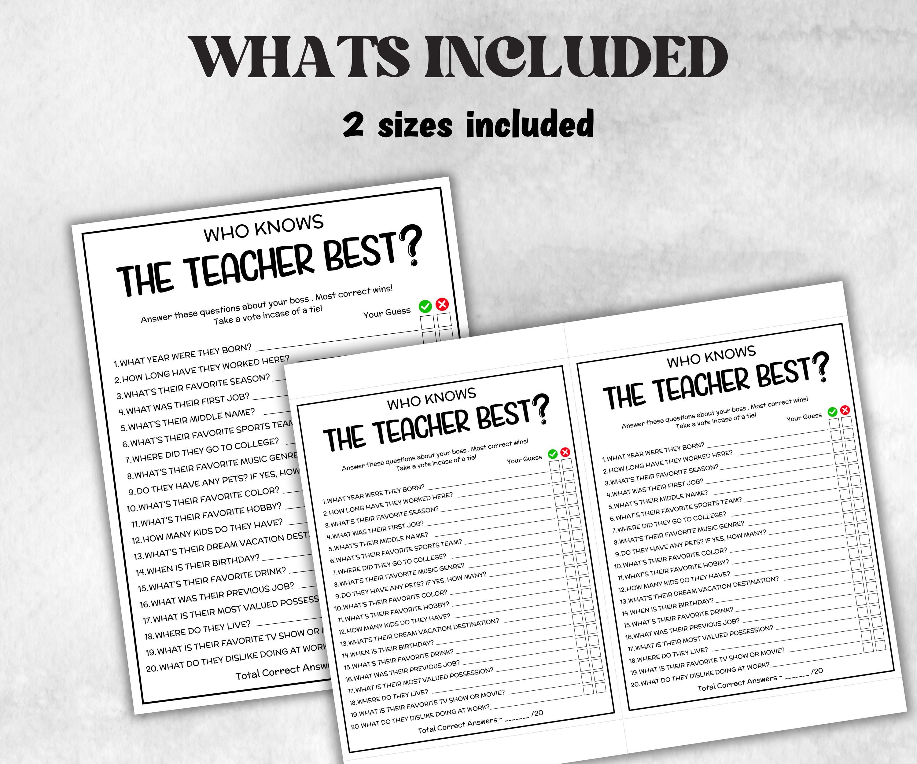 How well do you know the Teacher, All About My Teacher, Favorite Things, First Day of School, Get to know Questionnaire, Back to School Gift-Holidays -TheHustlingCatLady-Party Games
