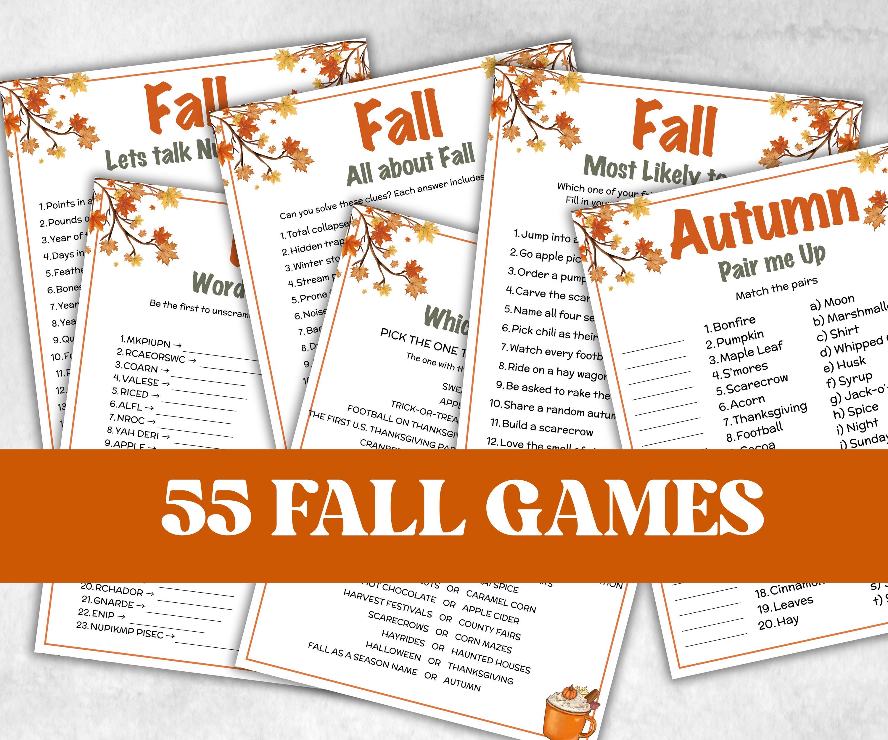 Fall Games Bundle, fall Season, Autumn Match UpTrivia Game, , Senior Game night, family game activity, Kids Teen Adult party guess games-Thanksgiving -TheHustlingCatLady-Party Games