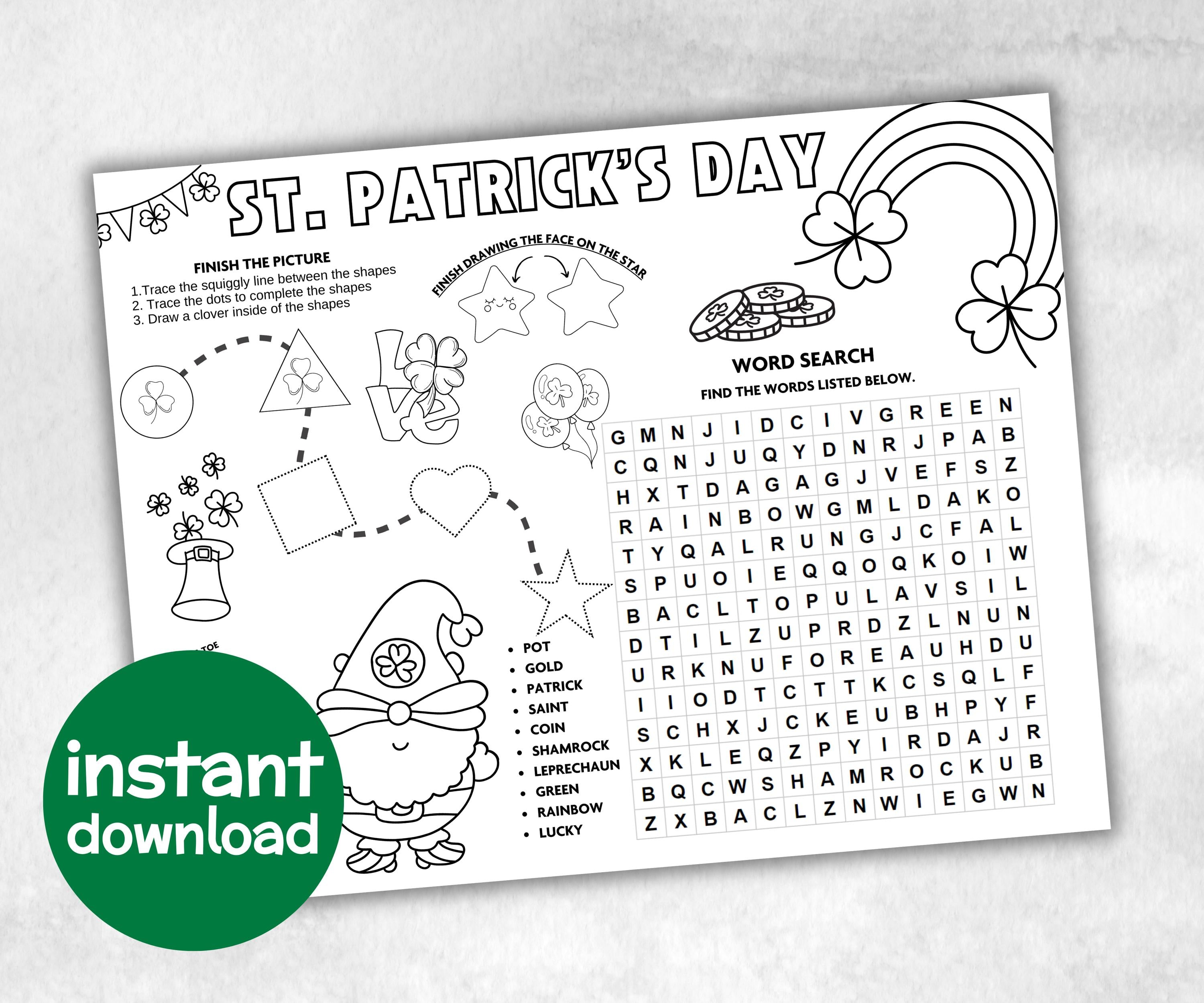 St.patricks day Placemat, Activity Placemat, Puzzles Placemat, st patrick kid craft, st patricks games, leprechaun activity, Coloring Page-Holidays -TheHustlingCatLady-Party Games