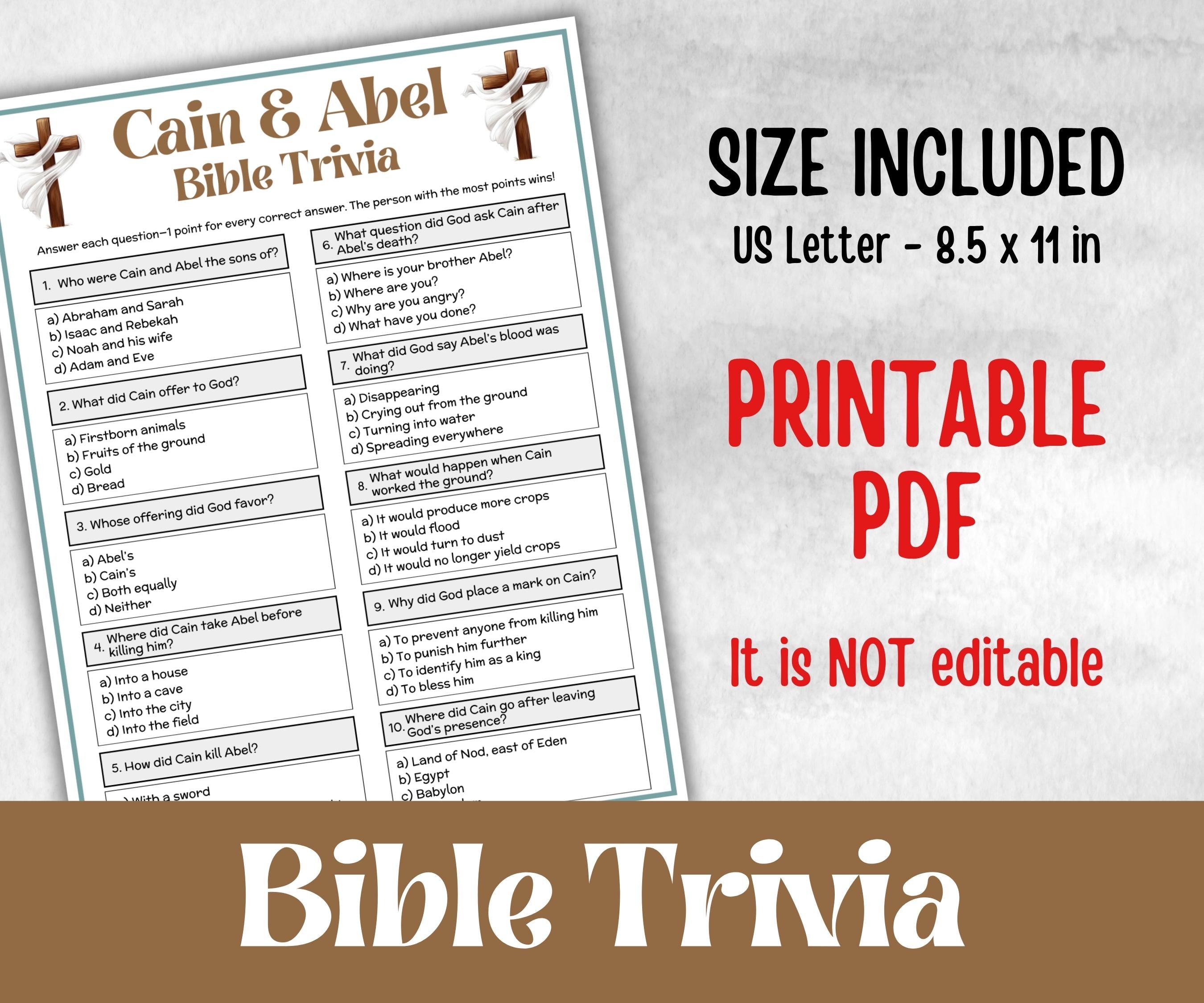 Cain and Abel Trivia, Bible Camp, Bible Study riddles, Holiday Party Games, womens retreat group party, Old Testament Trivia, Youth Group