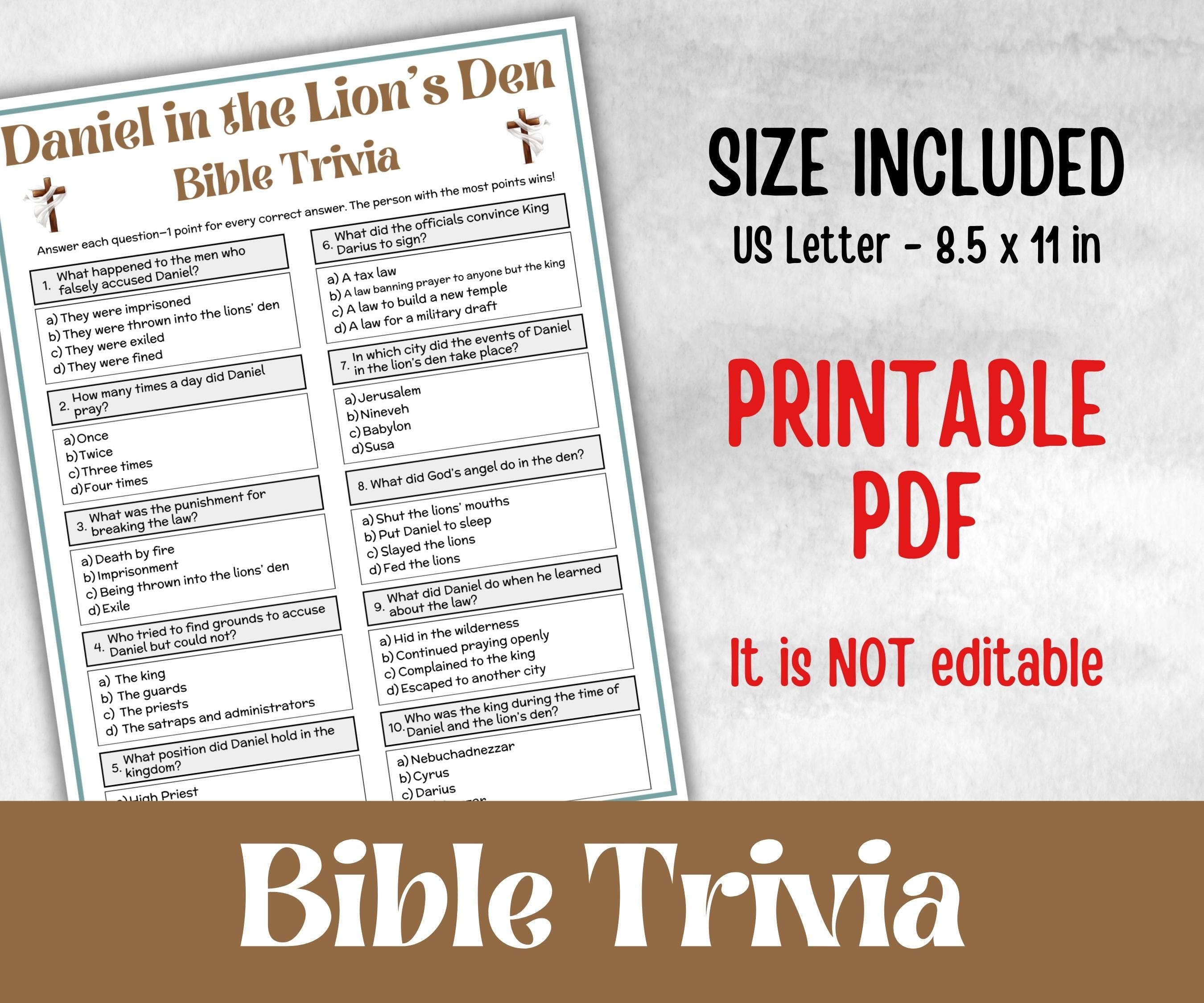 Daniel in the Lion's Den Trivia, Bible Camp, Bible Study riddles, Holiday Party, womens retreat group party, Old Testament Trivia, Youth