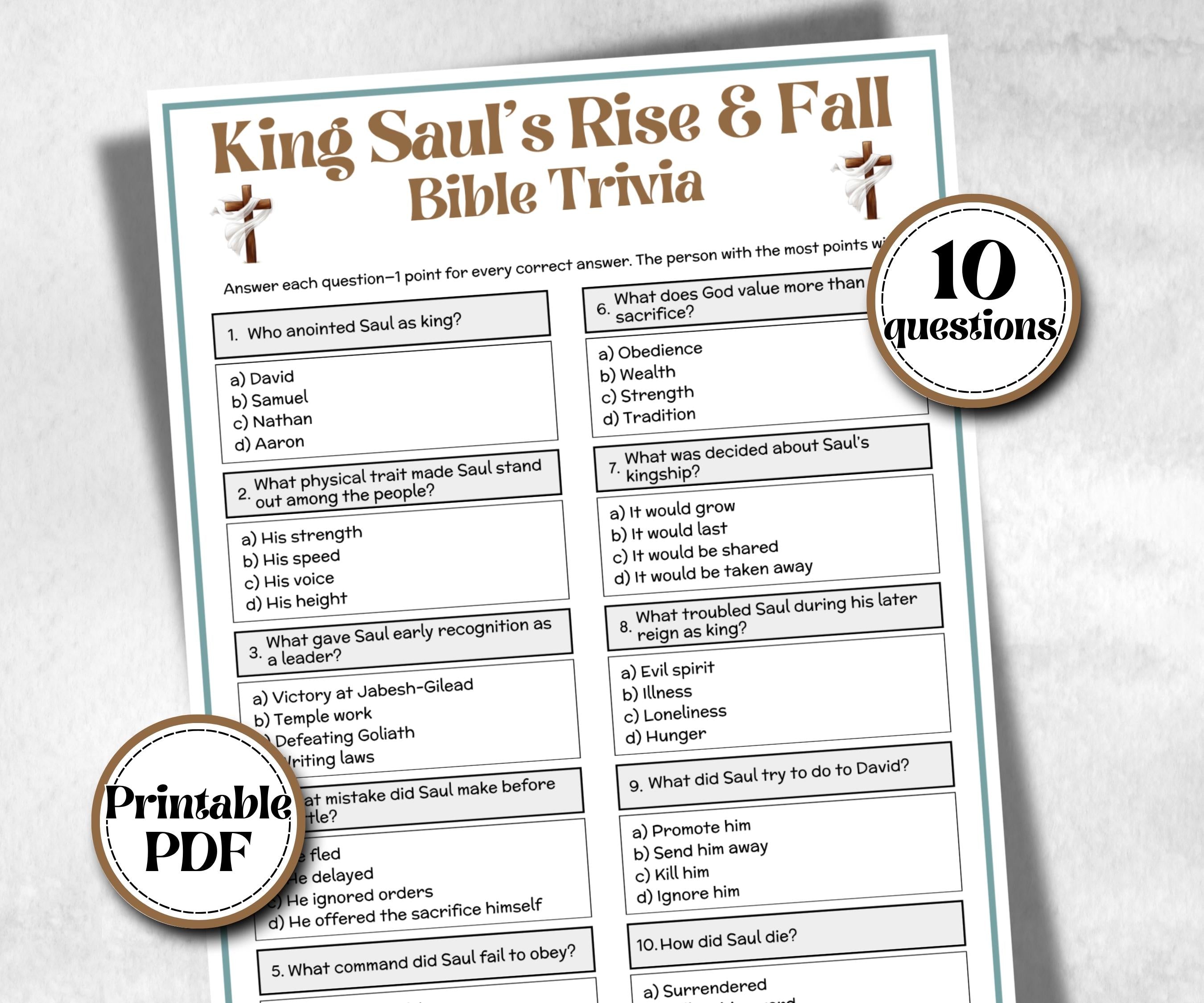 King Sauls Rise and Fall Trivia, Holiday Party, Old Testament Trivia, Church Lesson, Bible Study riddle, Bible Camp, womens retreat group