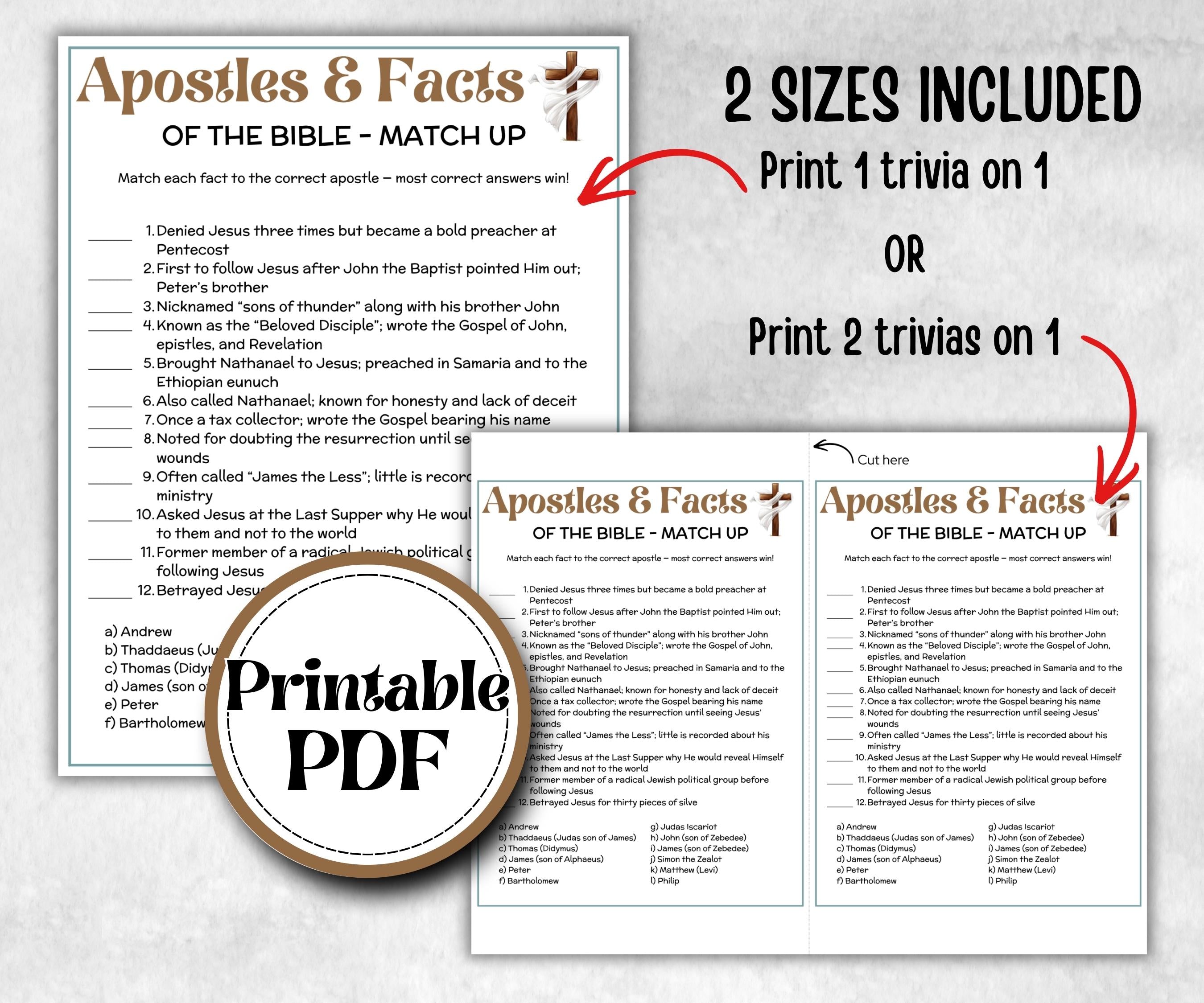 Apostles and Facts Trivia, Sunday School, Bible Study riddles, Holiday Party Games, Bible Camp, womens retreat group, preschool curriculum